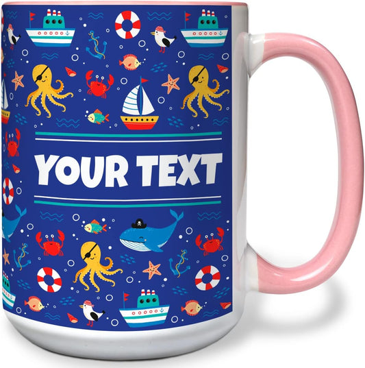 Personalized Mug for Kids - Nautical - Custom Name/Text, Ceramic Hot Chocolate/Cocoa/Coffee Cup for Boys/Girls, Birthday/Christmas/Holiday Gift - 15 oz, Pink Handle