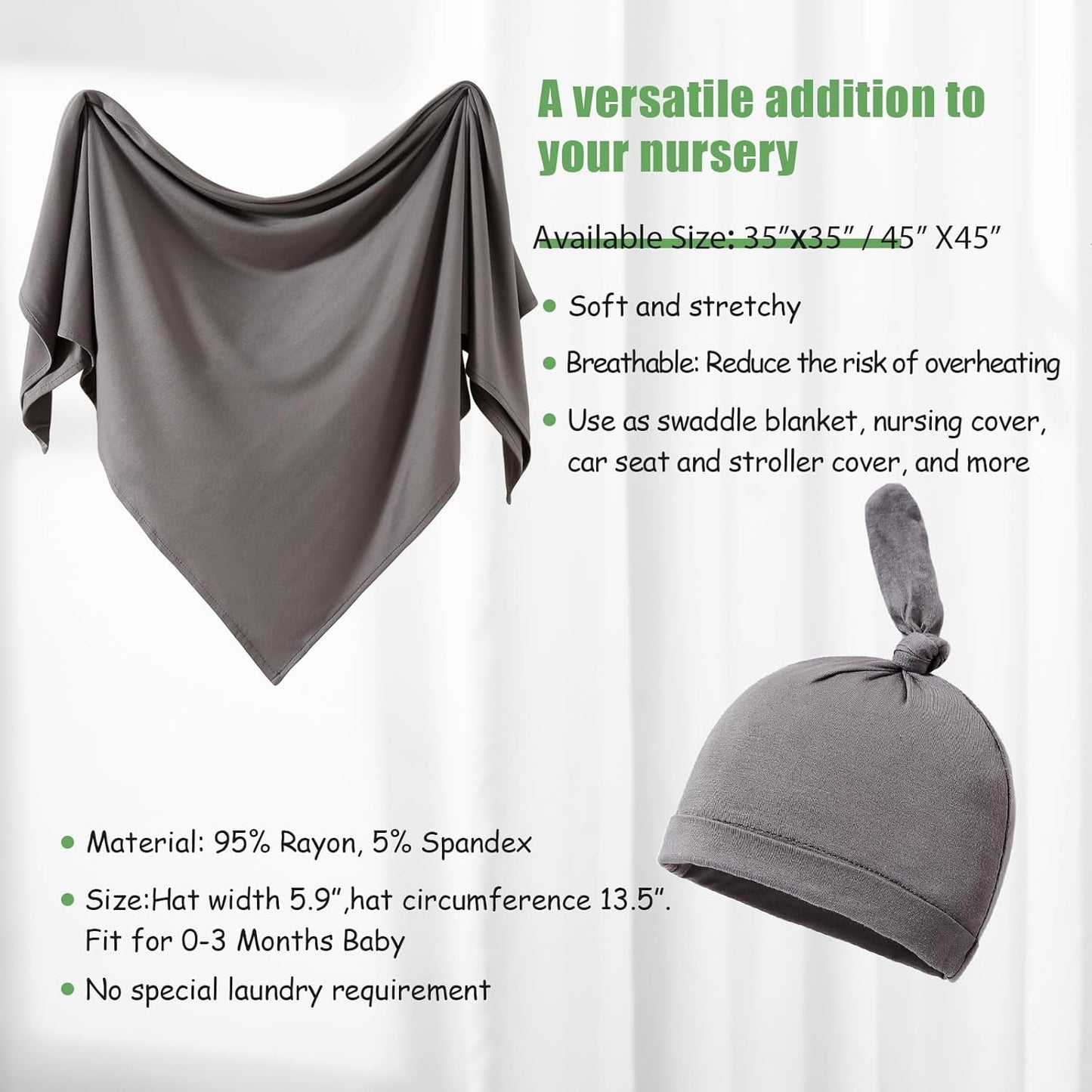iEvolve Cotton Knitted Baby Swaddle Blanket with Hat Headband Set Newborn Swaddle Wrap Receiving Blankets for Baby Girl Boy 45" x 45"(Dark Grey)