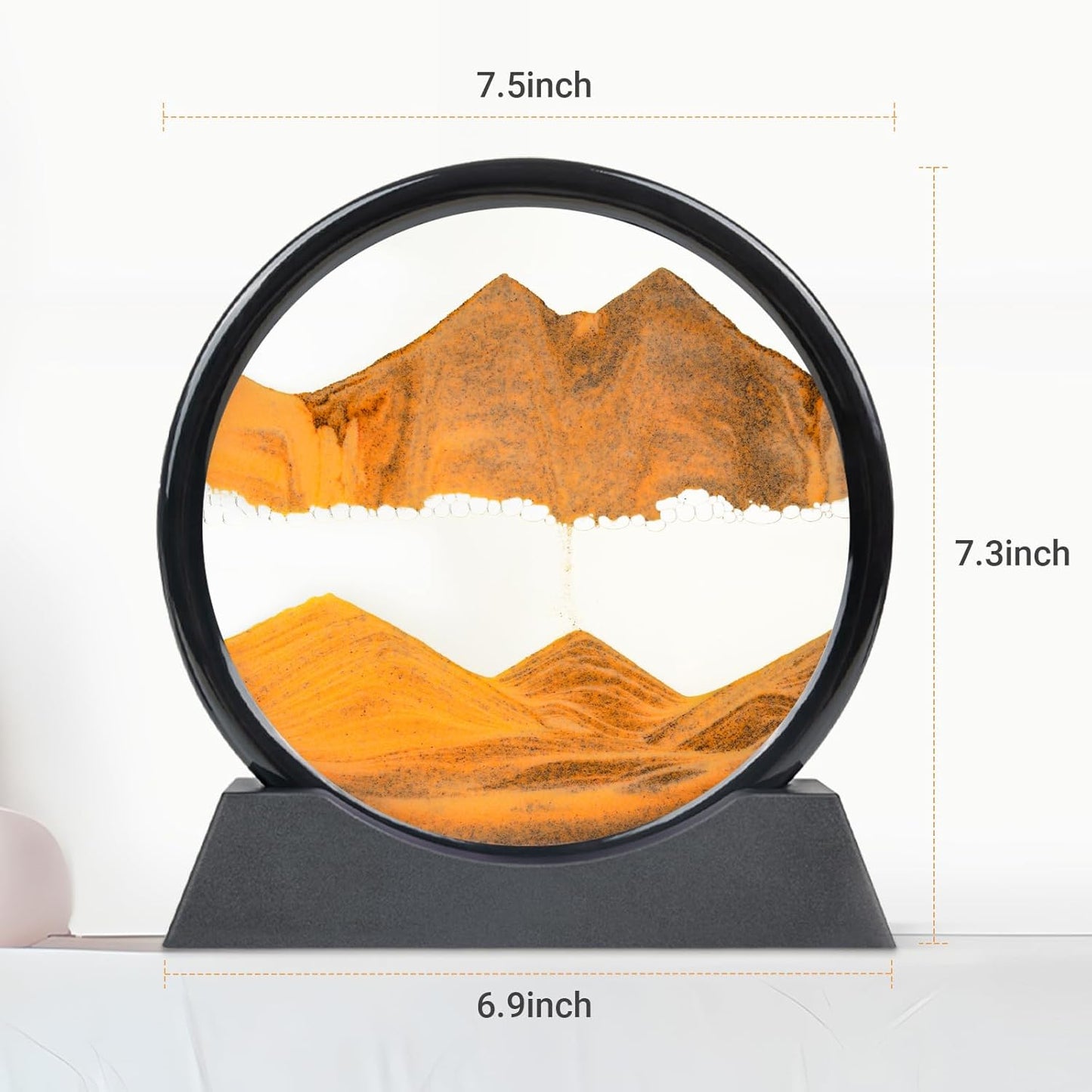Drakswet Moving Sand Art Liquid Motion，Moving Sand Art Picture-3D Deep Sea Sandscape，Round Glass Frame Display Flowing Sand Relaxing Desktop Home Office Work Decor (Orange)