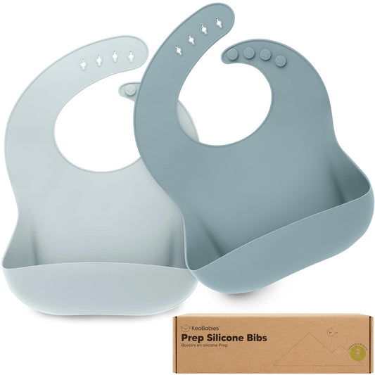 KeaBabies 2-Pack Silicone Baby Bibs for Eating - Sturdy Food-Grade Silicone Bibs for Babies Girl, Boy, Large Food Catcher, Clean & Put On Easily, Waterproof Toddler Feeding Essentials (Alps)