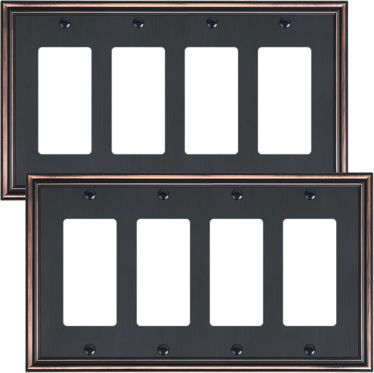 2-Pack Quad Decorator Outlet Cover Plate, Zinc Alloy Decorative Aged Bronze Switch Plates and Outlet Covers, 4 Gang Wall Plates for Electrical Outlets, Receptacle, GFCI Outlet, Dimmer Switch