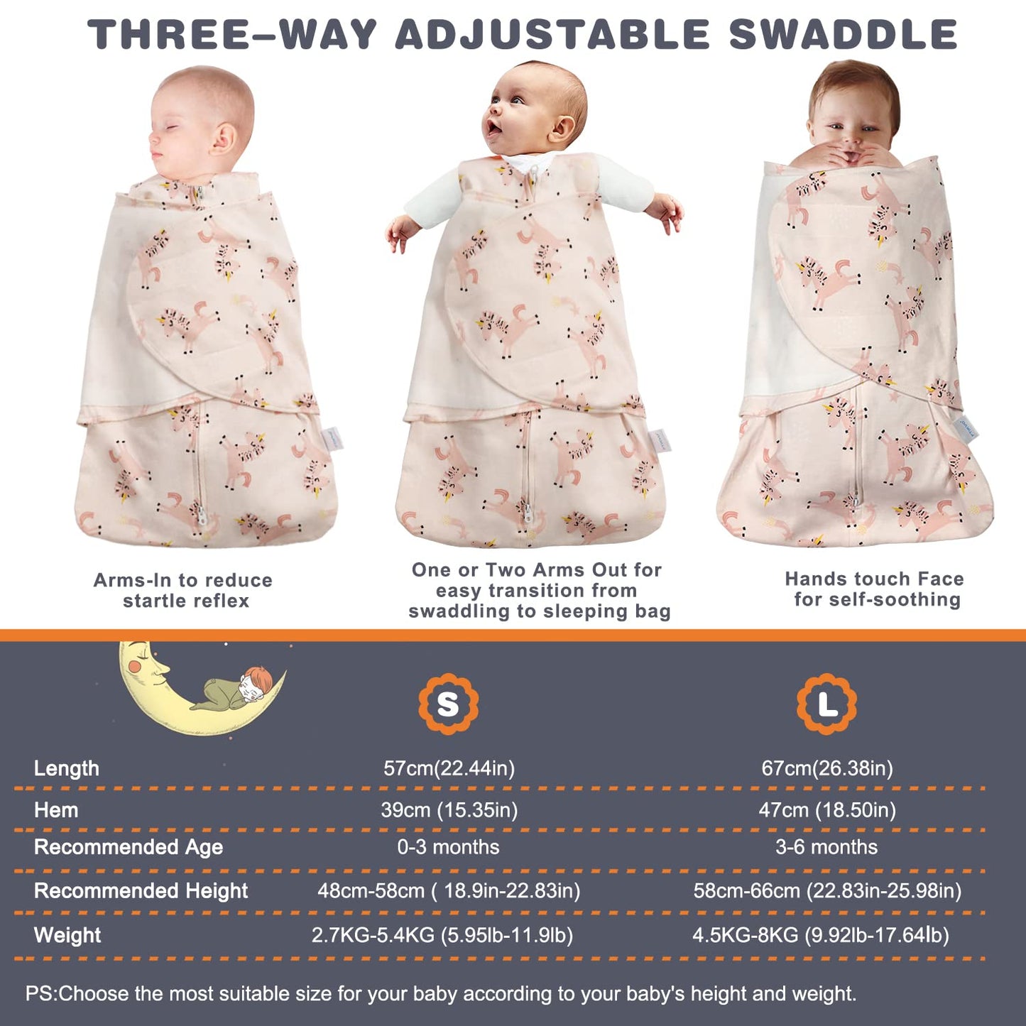 Swaddle-Blanket Baby Girl & Boy Swaddles Newborn Infant Transition 100% Cotton Wrap Blankets, 3-Way Adjustable Wearable Blanket, TOG 1.0 (Happy Unicorn, 3-6 Month)