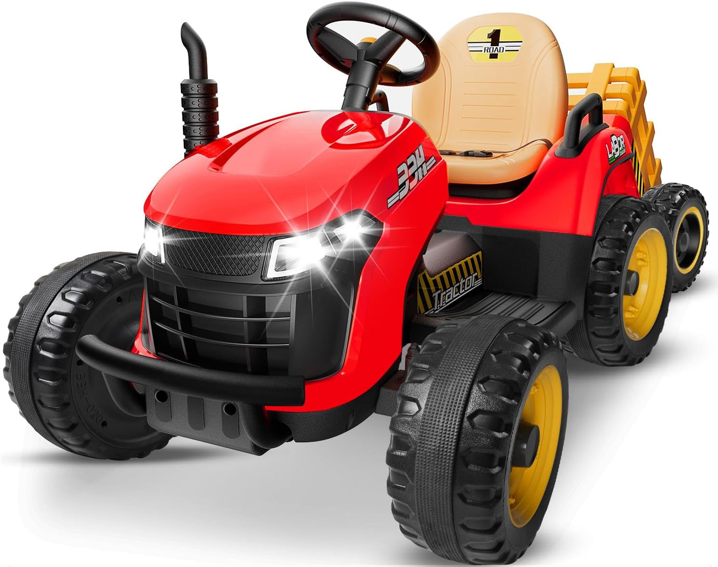24V Ride On Tractor w/Tiltable & Detachable Trailer, 2x65W Motors, EVA Tires, Remote Control, Bluetooth, Shifter, Music, Electric Car for Kids Ages 2-5, Red