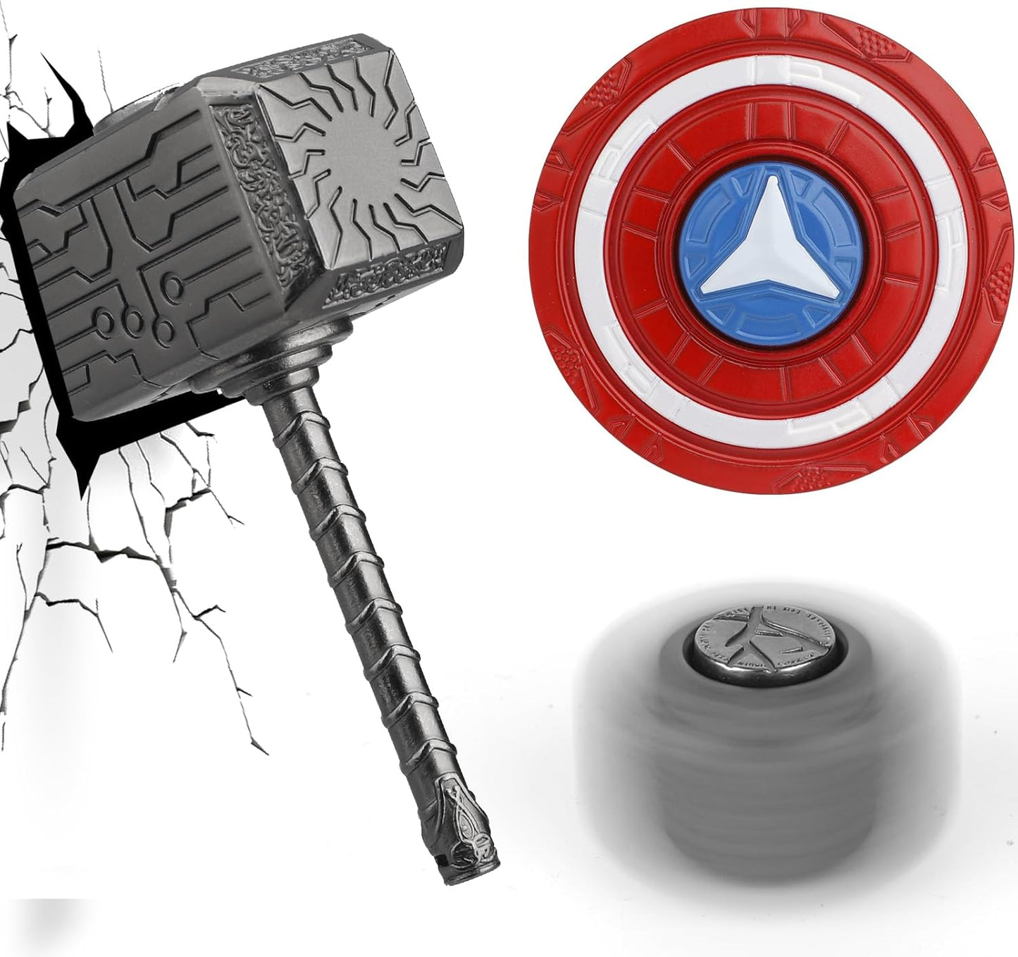 Mjolnir Fidget Spinner Cube Toy for Kids Adult, Hammer Figit Hand Spinner with Shield Finger Spinner Metal Block Transformable Gyro Fidget Keychain, Cool Gadget Bag Filler Gift 2 Pack