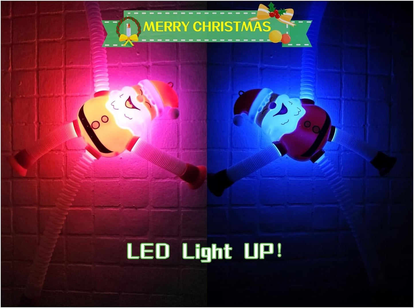 Christmas LED Pop Tubes Light Up 4 Pcs Sensory Fidget Toys, Telescopic Suction Cup Santa Toys Autism Christmas Party Favors Game Prizes Goody Bags Stocking Stuffers Treats for Kids 3+ (Christmas)