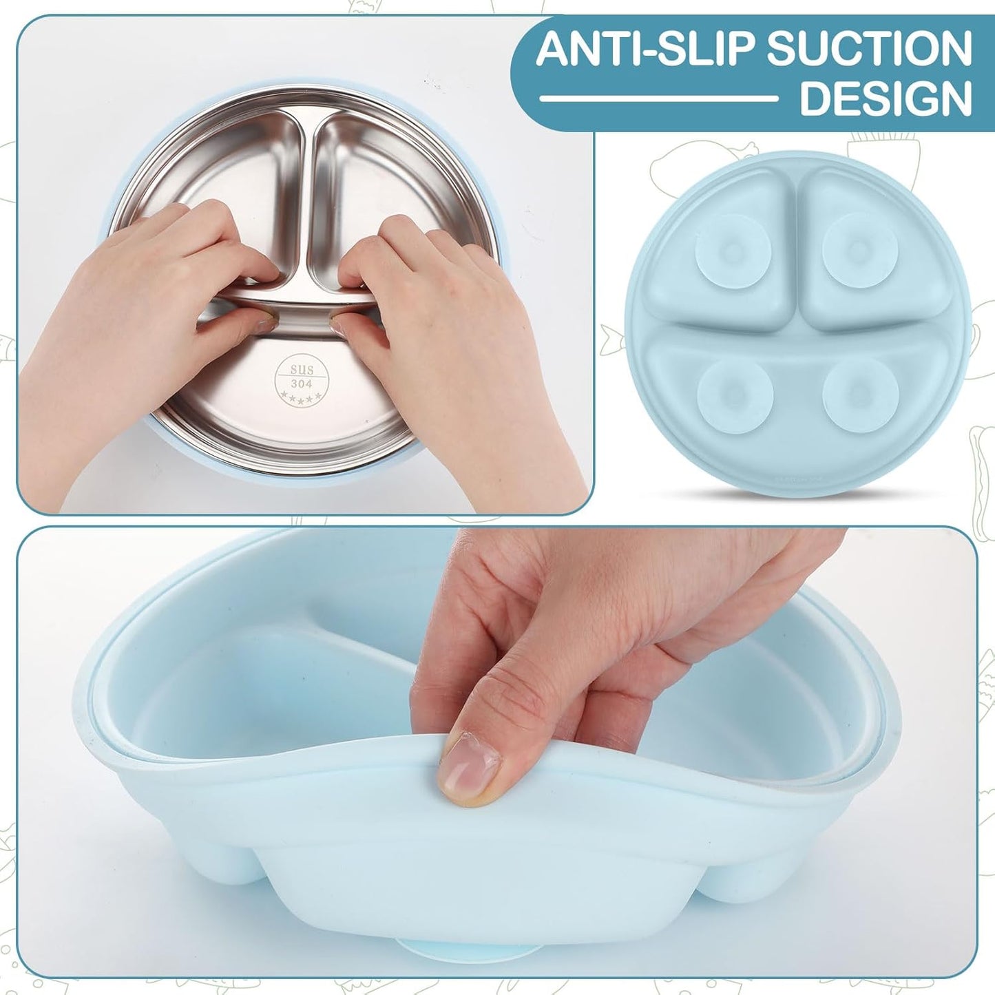 Nuogo 1 Pcs Stainless Steel Baby Suction Plates with Removable Silicone Shell 2-in-1 Metal Toddler Bowl Divided for Picky Eaters Kids Feeding Led Weaning Supplies, Dishwasher Safe (Light Blue)