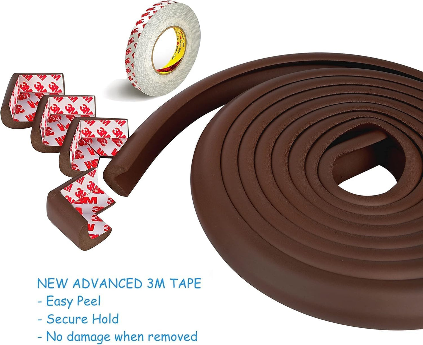 Furniture Edge 16.2ft & Corner Guards | Protective Foam Cushion | 15ft Bumper 4 Adhesive Childsafe Corners | Baby Child Proofing Foam Set and Safe for Table, Fireplace, Countertop | Brown
