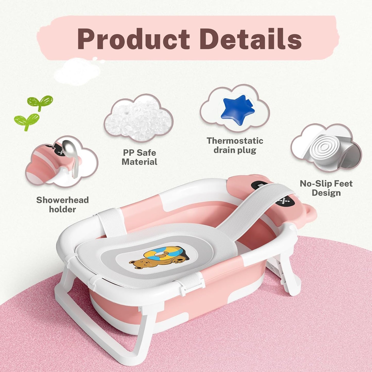 AVIDOR Baby Bathtub,Collapsible Bathtub for Newborn to Toddler,Durable Essential Infant Bath Tub,Portable Travel Baby Tub with Soft Cushion,No-Slip Hanging and Detachable(Pink)