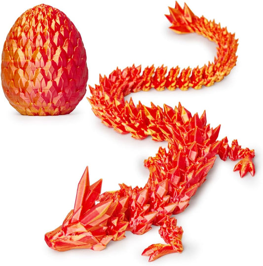 3D Printed Dragon in Egg, Beautiful Flexible Crystal Dragon, Gifts for Adults and Kids (Laser Red)