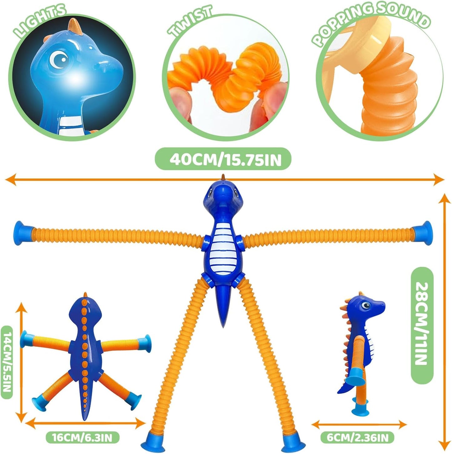 Dinosaur Pop Tubes Toys LED Light Up Mini Figures Fidget Sensory Toys Dino Telescopic Suction Cup Gift Sets, Toddler Autism Stress Relief Party Favors Prizes Stocking Stuffers for Kids 3+
