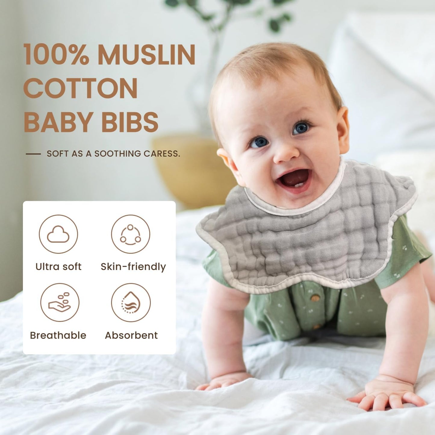 MUKIN Baby Drooling Towel, Snap Bibs, Muslin Bibs, 6 Pack, Adjustable, Soft Cotton