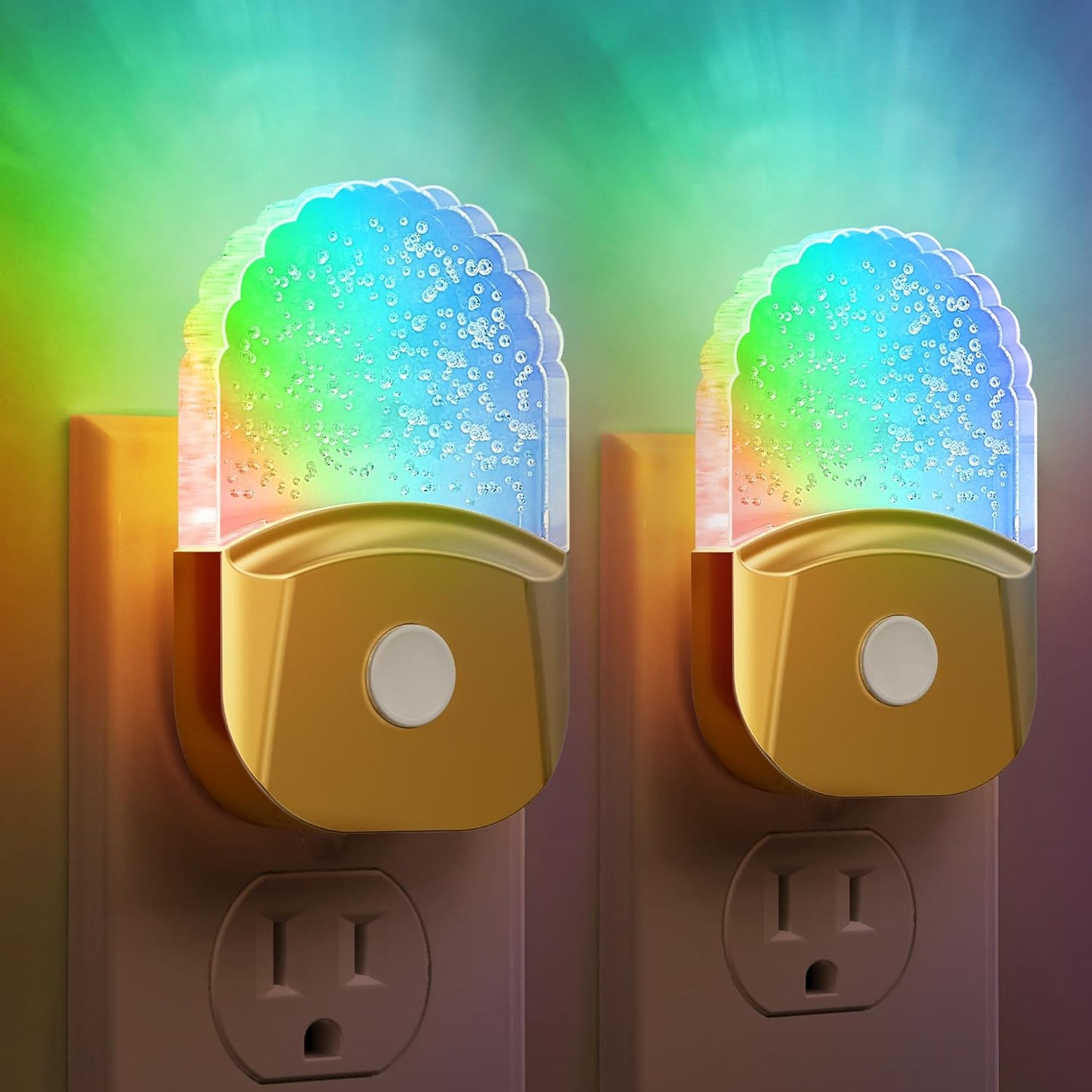 Night Lights Plug into Wall, 2 Pack, Night Light Color Changing, LED Acrylic 8 Colors RGB, Gold Cover Nightlight for Kids,Bathroom, Dusk to Dawn Sensor, Warm White 3000K for Bedroom, Hallway