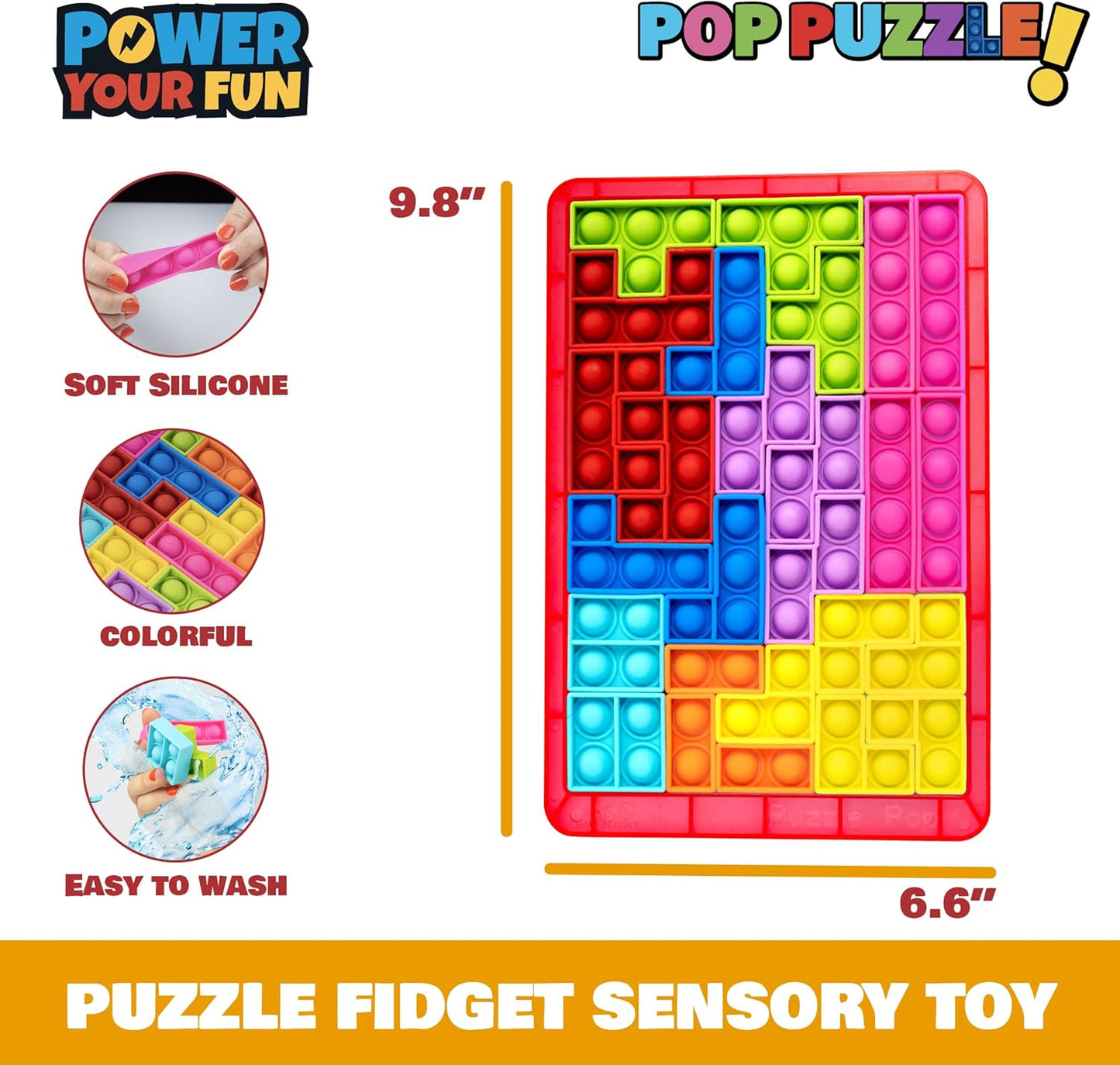 Power Your Fun Pop Puzzle Popper Fidget Game - 27pc Jigsaw Puzzle Game Pop Push It Bubble Sensory Fidget Toys for Learning, Stress Relief Silicone Pop Puzzle Game Board for Kids and Adults (Red)
