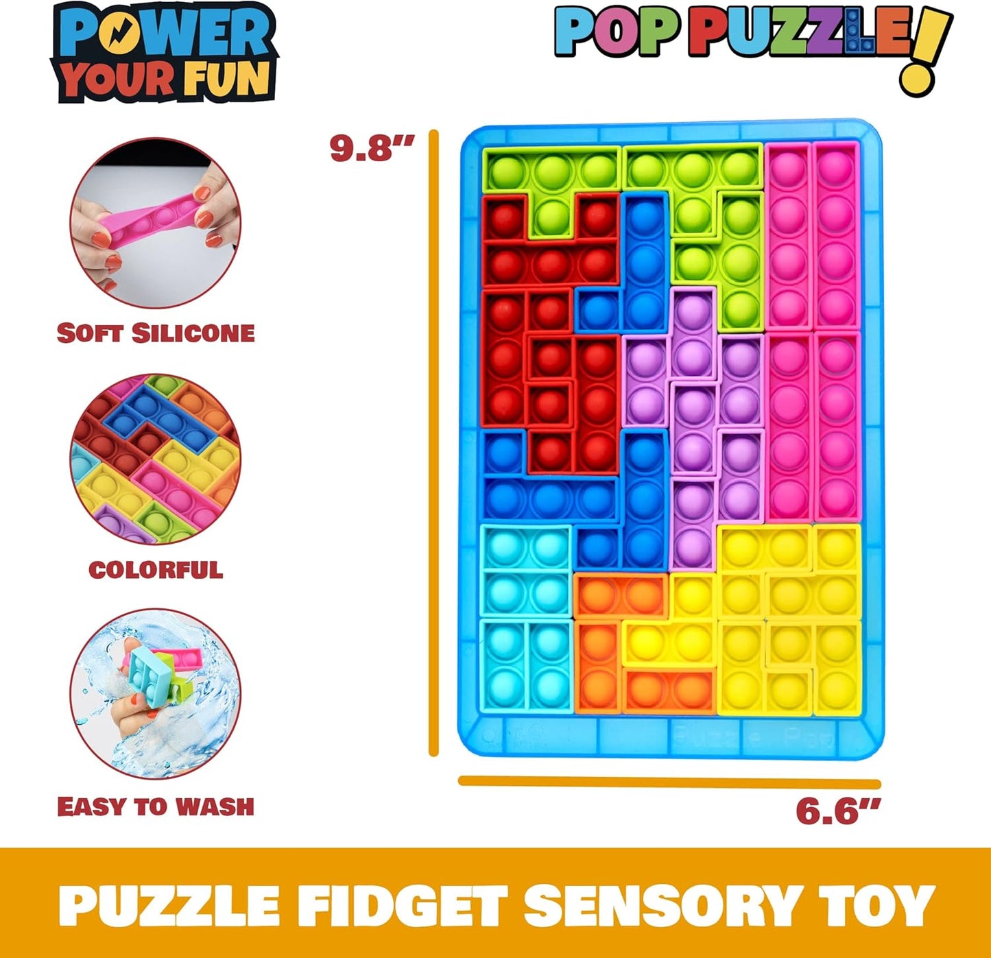 Power Your Fun Pop Puzzle Popper Fidget Game - 27pc Jigsaw Puzzle Game Pop Push It Bubble Sensory Fidget Toys for Learning, Stress Relief Silicone Pop Puzzle Game Board for Kids and Adults (Blue)