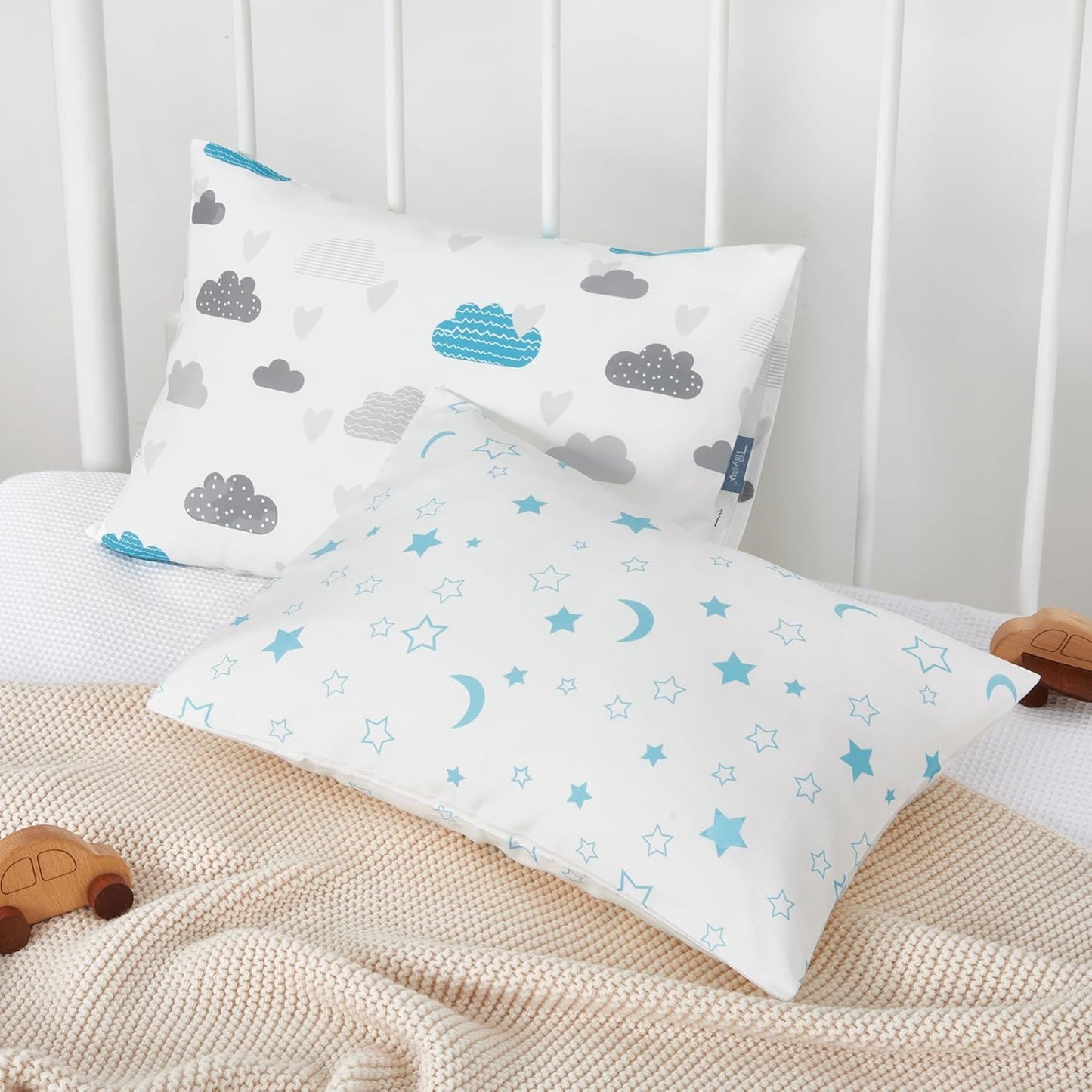 TILLYOU Toddler Pillowcase 2 Pack with Envelope Closure,Silky Soft Microfiber 13" x 18" Kids Travel Pillow Cases,Blue Clouds & Blue Stars