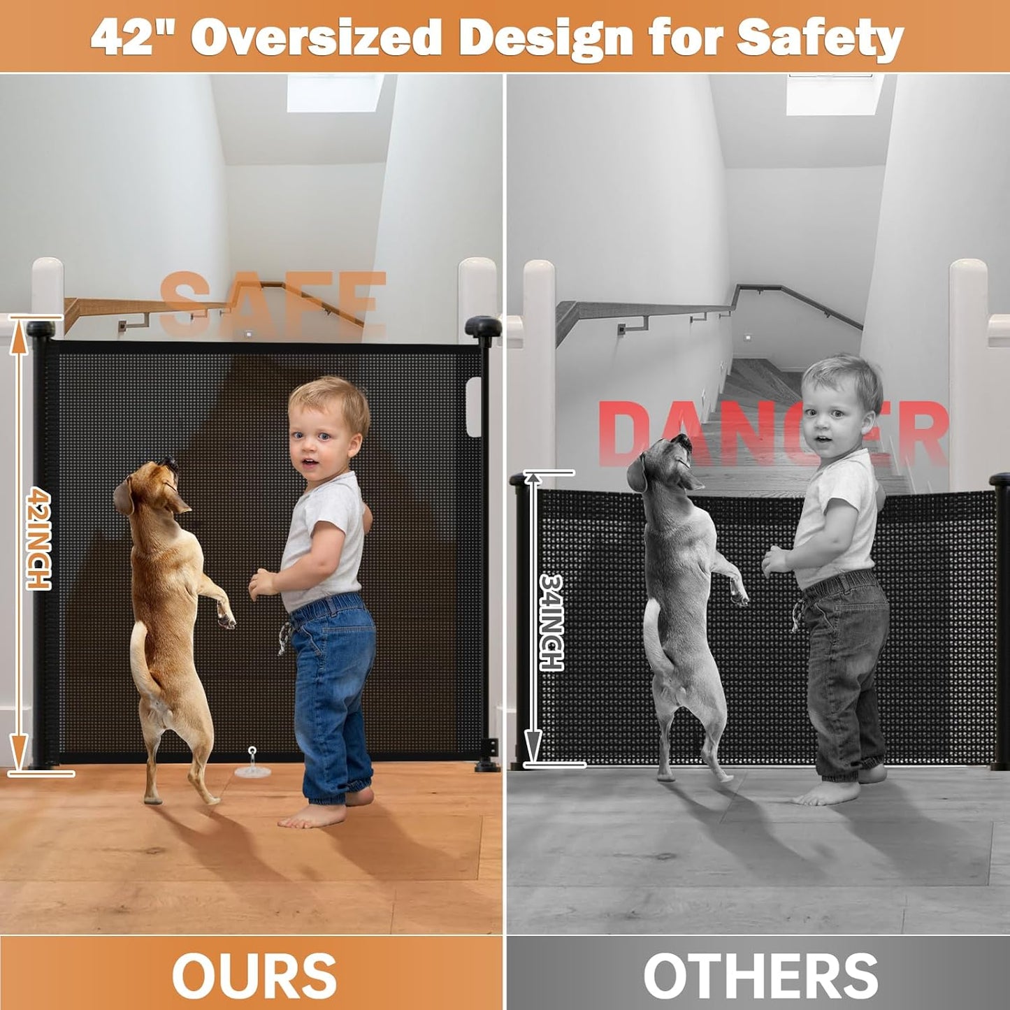 42" Extra Tall Retractable Baby Gates Dog Gate for Stairs, 55" Wide Mesh Baby Gate Pet Gate with Support Rods for The House, Child Safety Gates for Doorways, Hallways, Deck, Porch, Indoor, Outdoor