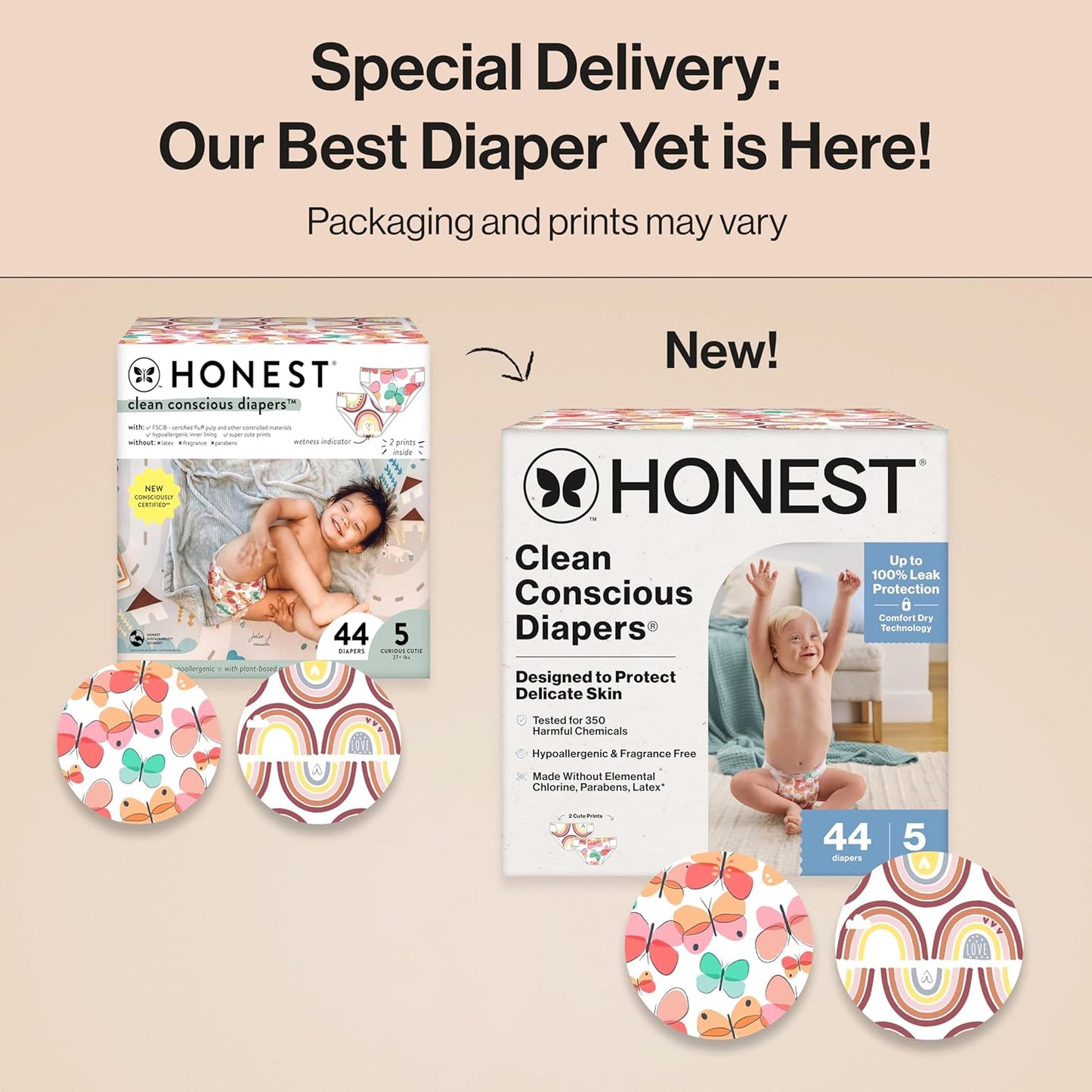 The Honest Company Clean Conscious Diapers for Delicate Skin | Up to 100% Leakproof | Hypoallergenic, Fragrance Free | Girl Prints | Club Box, Size 5 (27+ lbs), 44 Count (Prints May Vary)