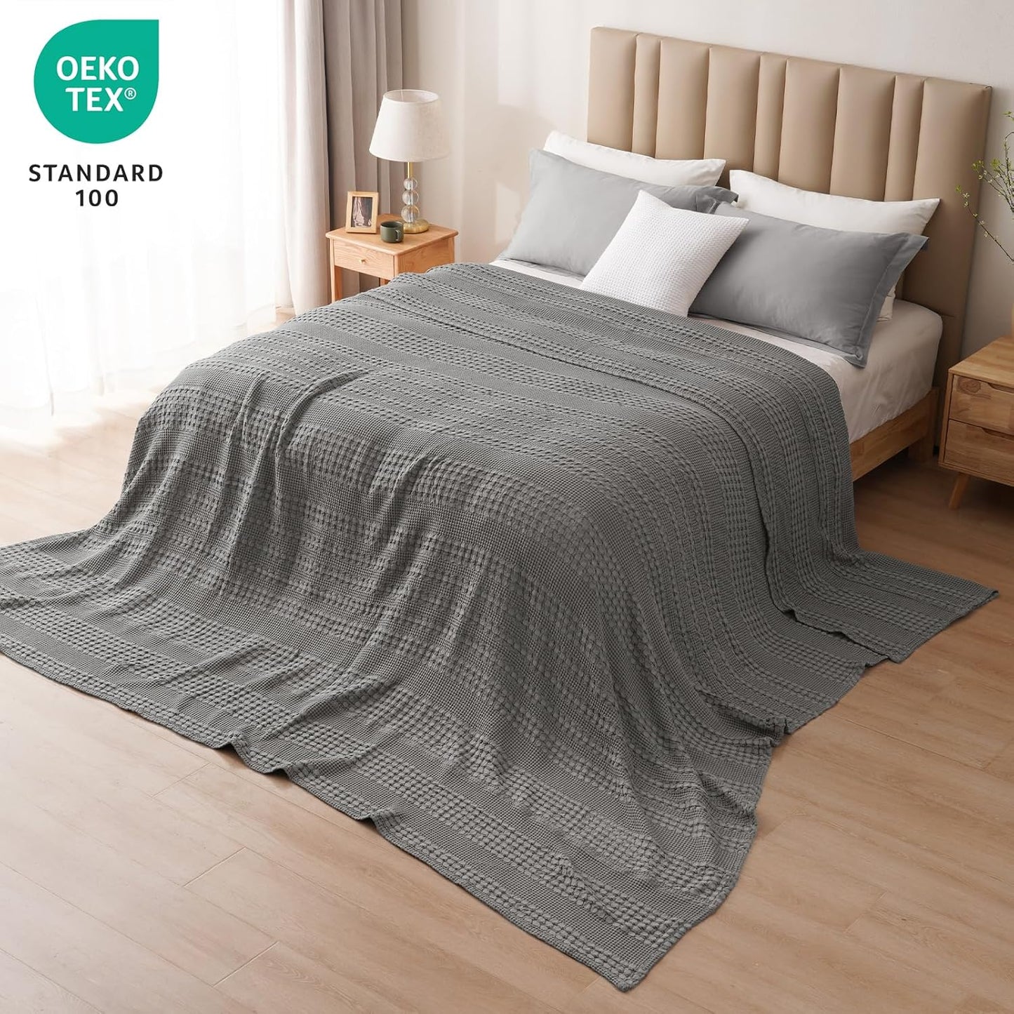 PHF 100% Cotton Waffle Blanket Oversized King 120"x120", Lightweight Breathable Extra Large 10'x10' Summer Blankets for Bed, Giant Big Luxury Aesthetic Woven Bedding for Home Decor, Dark Grey