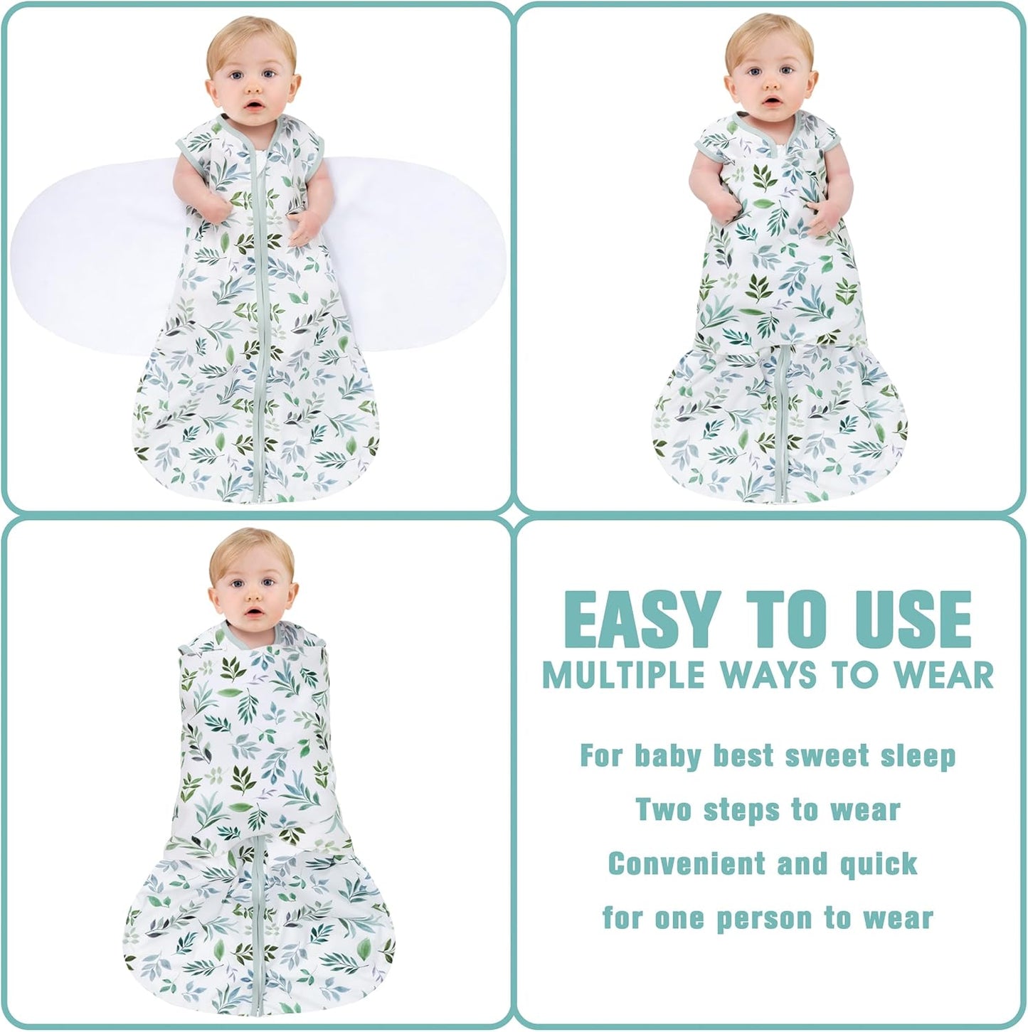 Newborn Sleep Sack Baby Swaddle,Swaddle me 0-3 Month,3-Way Adjustable Wearable Blanket,100% Rayon Cotton Swaddling Sleeping Bag，TOG 0.5 (Leaf, 0-3 Months)