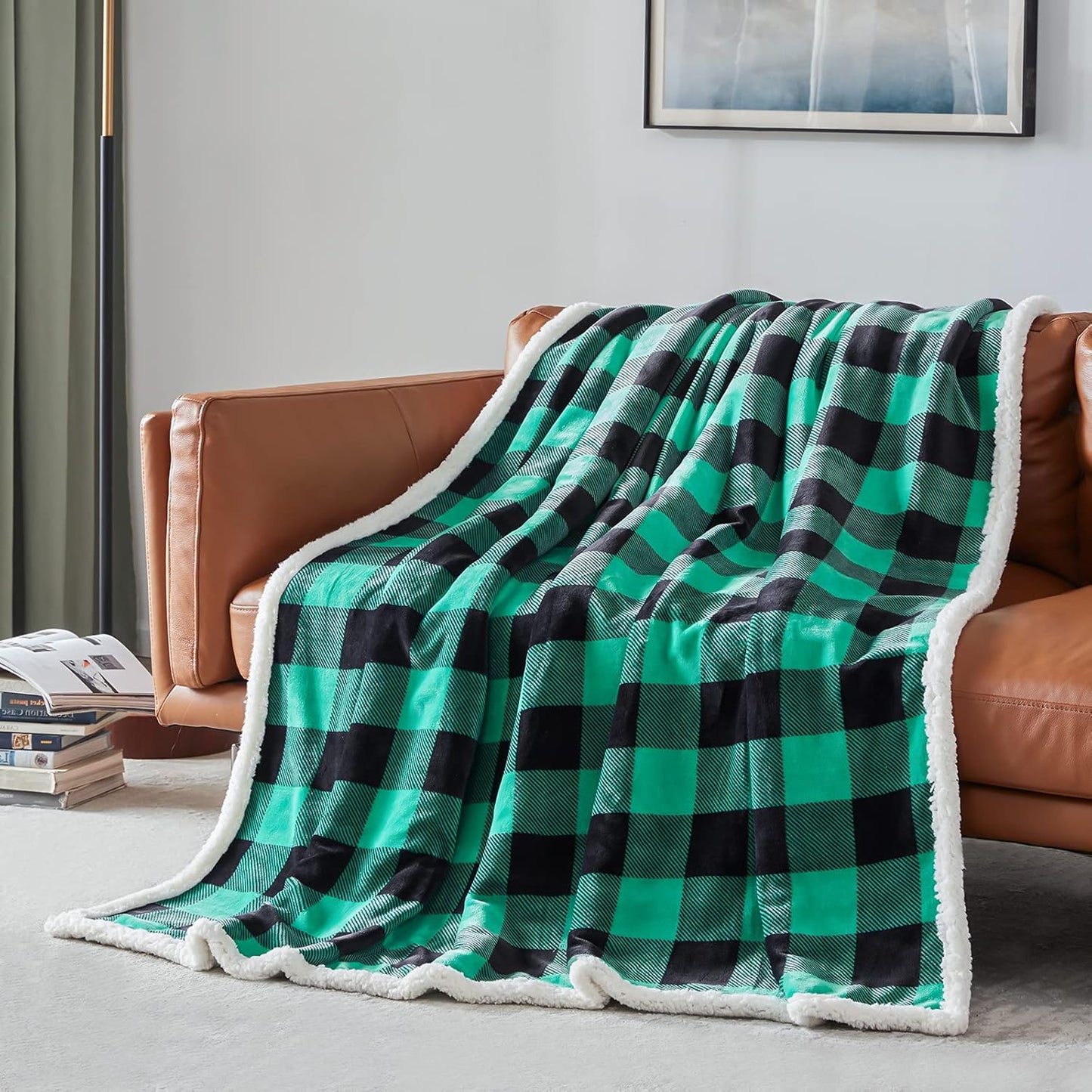 Touchat Sherpa Green and Black Buffalo Plaid Christmas Twin Blanket 60" X 70", Fuzzy Fluffy Soft Cozy Blanket, Fleece Flannel Plush Microfiber Blanket for Couch Bed Sofa (Green and Black)