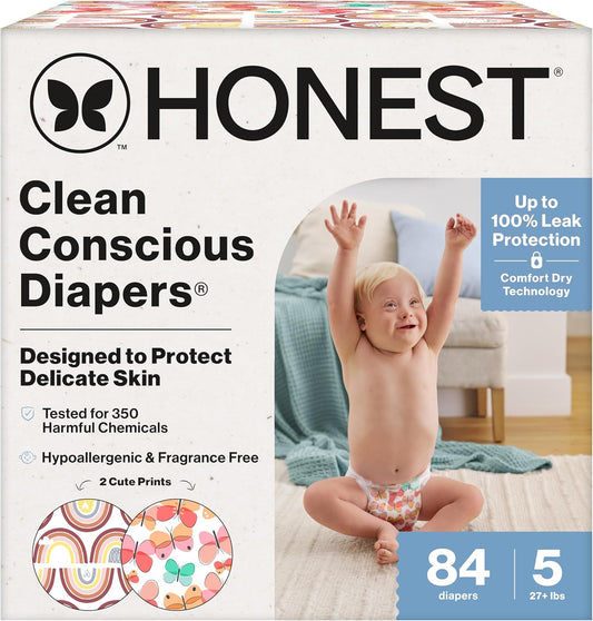 The Honest Company Clean Conscious Diapers for Delicate Skin | Up to 100% Leakproof | Hypoallergenic, Fragrance Free | Girl Prints | Super Club Box, Size 5 (27+ lbs), 84 Count (Prints May Vary)