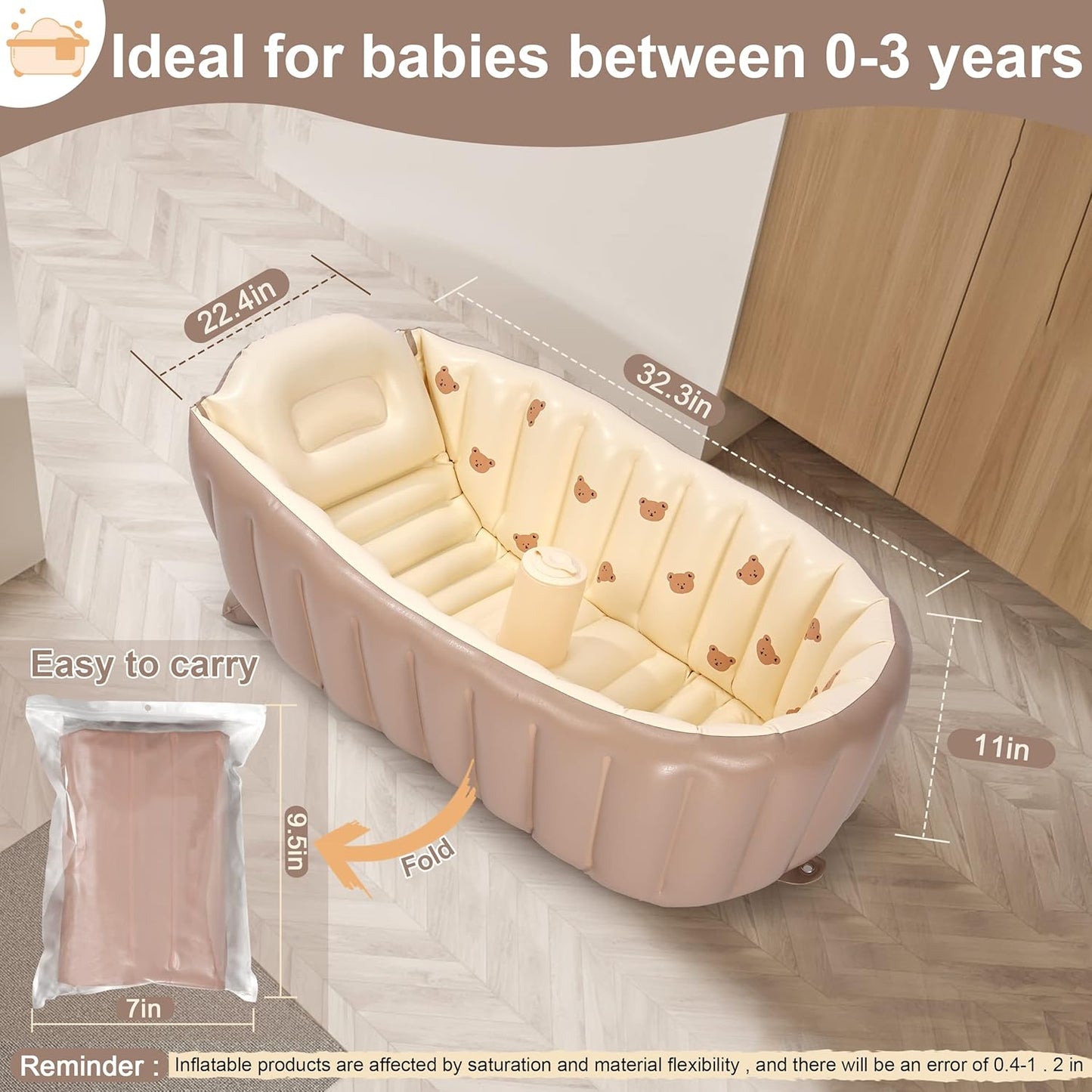 MINK Inflatable Bathtub for Toddlers - Portable Baby Tub with Built-in Air Pump - Collapsible Design for Easy Storage - Perfect for Newborns to Infants