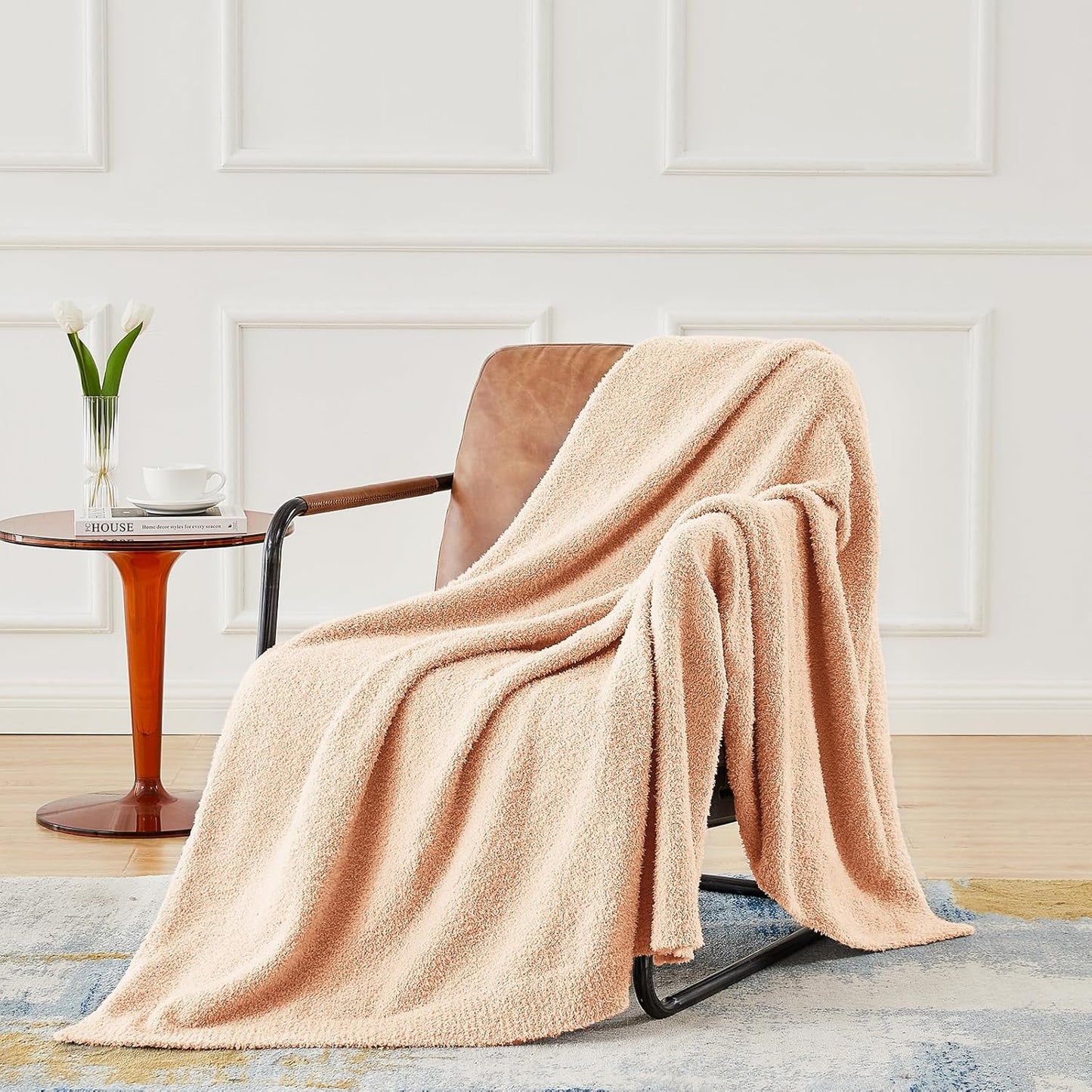 CYMULA Knit Throw Blanket for Peach Pink - Super Soft Lightweight Plush Fuzzy Fluffy Cozy Blankets and Throws for Sofa Bed, 60 x 80 inches