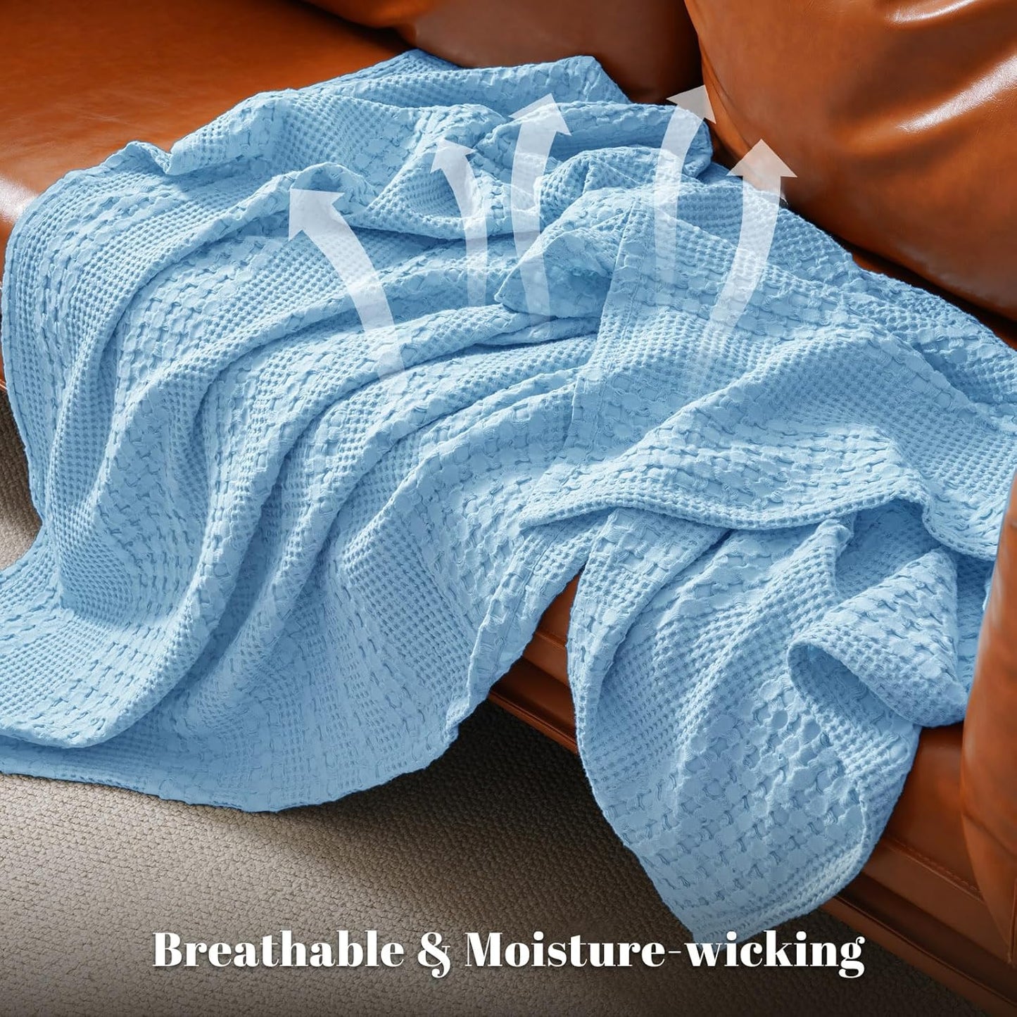 PHF 100% Cotton Waffle Weave Blanket King Size, Soft Lightweight Breathable Cozy Summer Blankets for Bed, Luxury Aesthetic Woven Bedding for Home Decor, 108"x90", Sky Blue