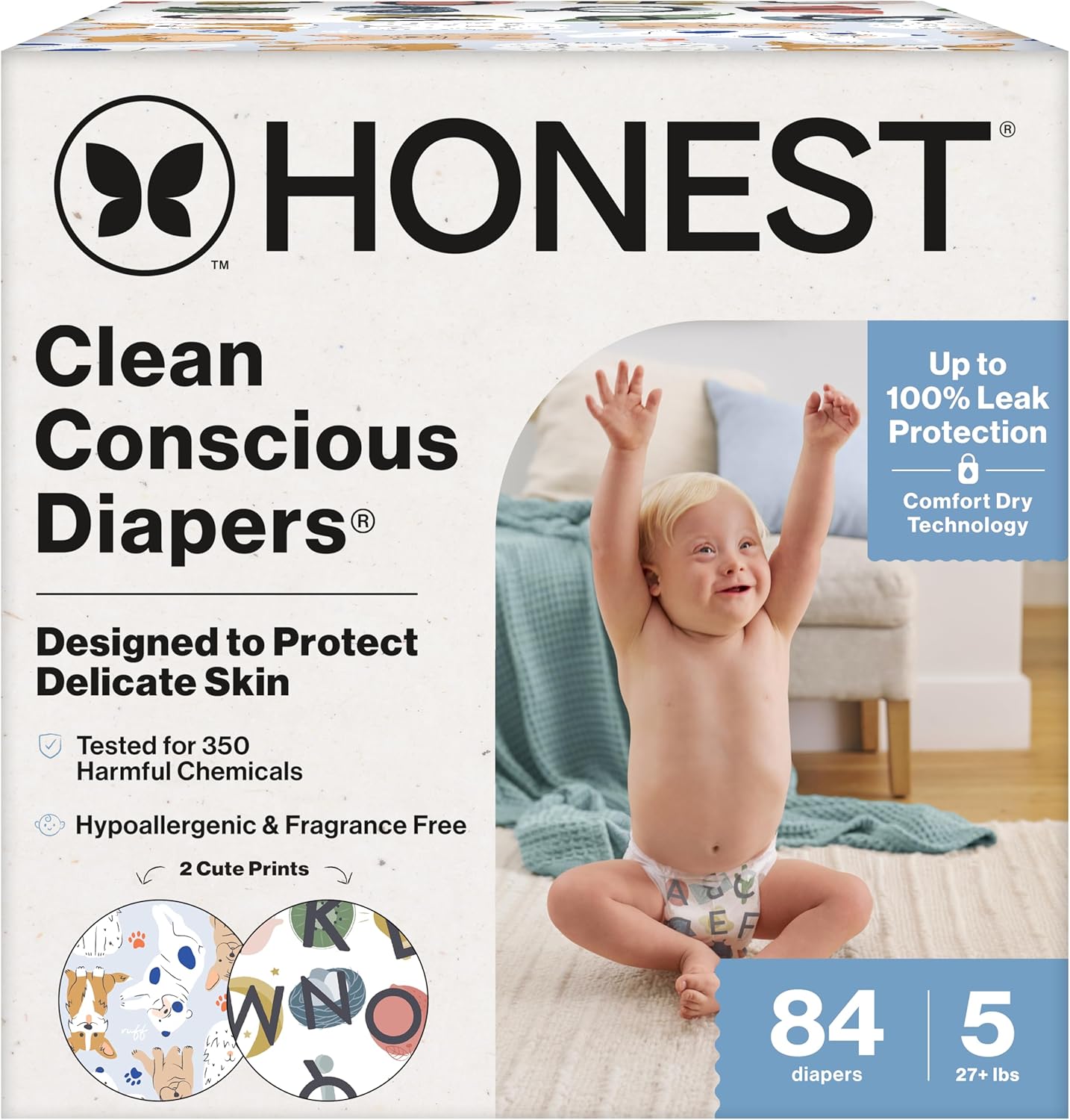 The Honest Company Clean Conscious Diapers for Delicate Skin | Up to 100% Leakproof | Hypoallergenic, Fragrance Free | Gender Neutral | Super Club Box, Size 5 (27+ lbs), 84 Count (Prints May Vary)