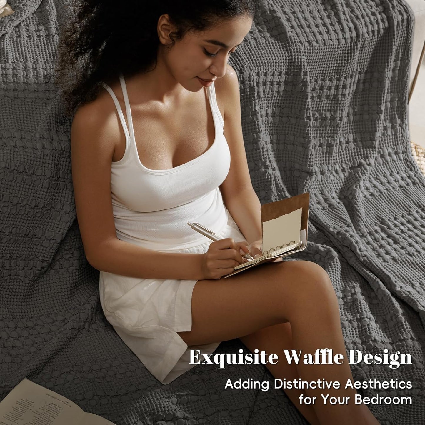 PHF 100% Cotton Waffle Weave Blanket Queen Size, Soft Lightweight Breathable Cozy Summer Blankets for Bed, Luxury Aesthetic Woven Bedding for Home Decor, 90"x90", Charcoal Grey