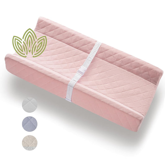 Organic Cotton Contoured Baby Changing Pad w/Waterproof Foam Mattress, Includes Soft, Removable & Washable Cover, Safety Strap, Non-Slip Bottom, Topper for Standard Size Infant Diaper Table & Dresser