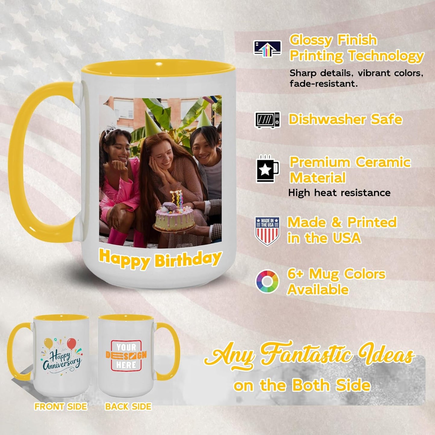 Custom Mug Upload Your Picture Personalized Coffee Mug with Photo Text Name Customized Cup Unique Ideas Gifts for Men Women Mom Dad Girlfriend Boyfriend Friend Family (Yellow, 11oz)