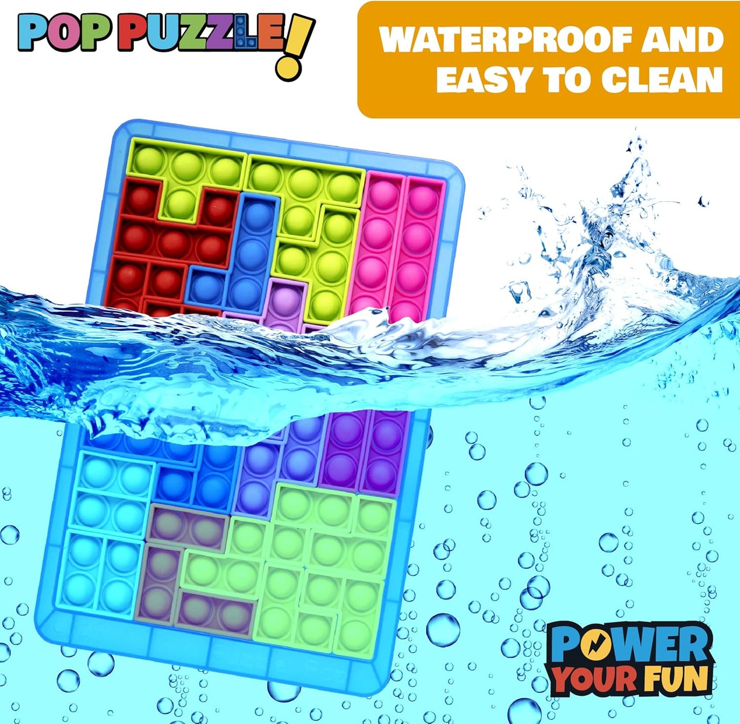 Power Your Fun Pop Puzzle Popper Fidget Game - 27pc Jigsaw Puzzle Game Pop Push It Bubble Sensory Fidget Toys for Learning, Stress Relief Silicone Pop Puzzle Game Board for Kids and Adults (Blue)