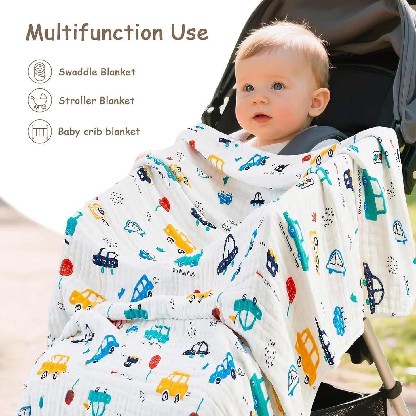 Luxury Muslin Baby Blanket, Cozy Swaddle, 6-Layer Cotton Receiving Blanket for Newborn Infant, 43x43 Inch Lightweight Breathable Crib Blanket, Nursery Stroller Toddler Quilt, Car Family