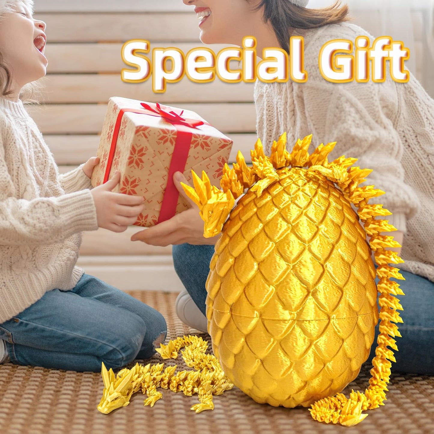 Dragon Egg - Gold - 3D Printed Egg with Flexible Pearly Sheen Dragon Inside, 3D Printed Surprise Gift, Articulated Dragon Egg Fidget Toy, Dragon Figurine Decor