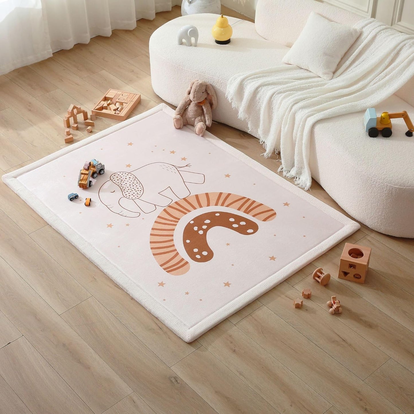 Stylish Coral Baby Play Mat for Floor 47" x 67" Rainbow Elephant – Soft 1" Thick High-Density Memory Foam Nursery Rug,Kids Rug with Non-Slip Backing for Crawling & Playing, Playroom Rug, Kids Carpet