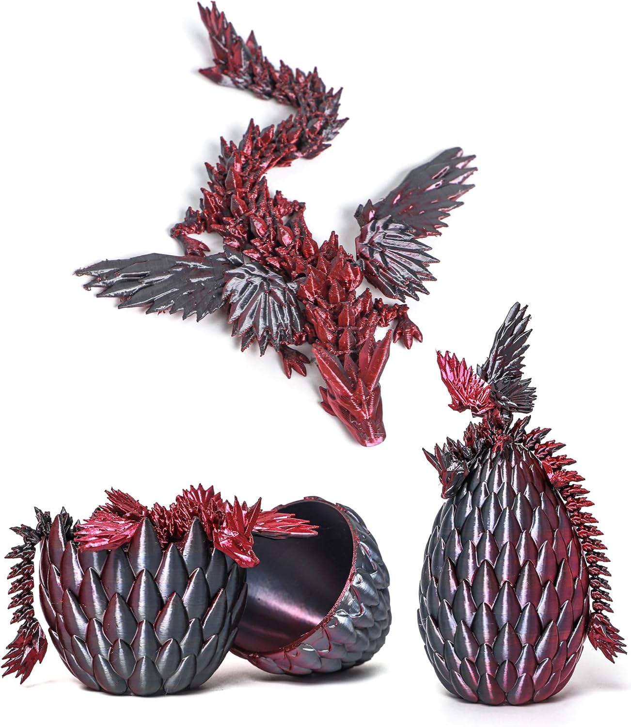 3D Printed Flying Dragon in Egg - Black Mix Red - Surprise Egg with Flexible Winged Dragon Inside, Mystery Beautiful Fidget Toy, Birthday Gift, Desk Figure Decor