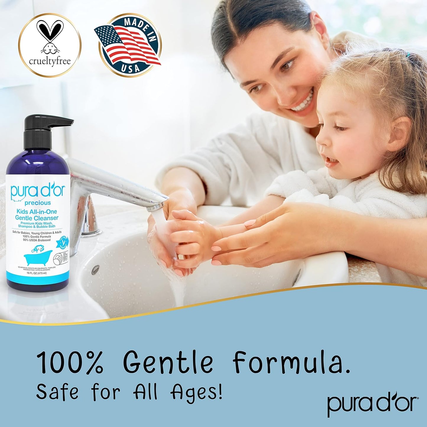 PURA D'OR 16 Oz Kids Wash - All-in-One Gentle Cleanser - USDA Biobased, Sulfate-Free, Tear-Less, Hypoallergenic, Premium, Shampoo & Bubble Bath