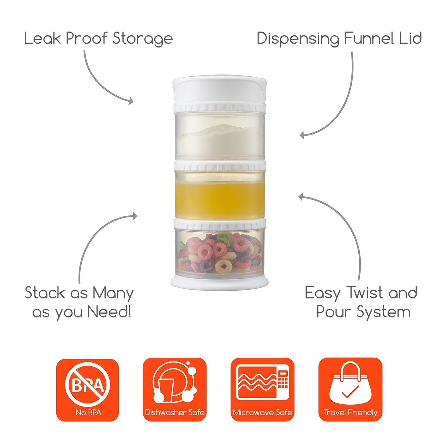 Innobaby Packin' Smart Stackable and Portable Storage System for Formula, Liquid, Baby Snacks and More. 3 Stackable Cups in White. BPA Free.