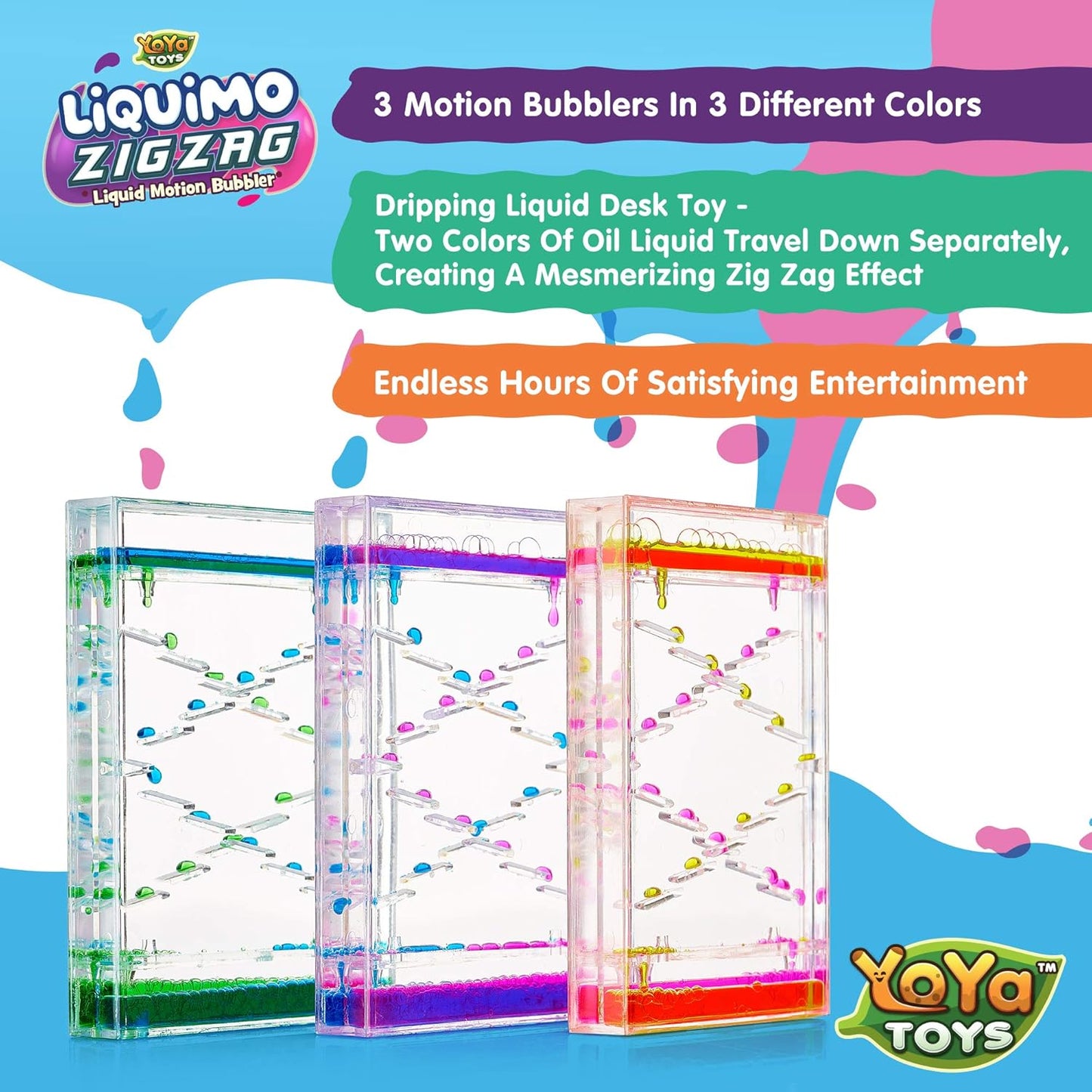 YoYa Toys Liquimo Liquid Zig Zag Motion Bubbler for Kids and Adults - Satisfying Toys for Stress and Anxiety Relief - Fidget Toy Can Be Used as a Colorful Kitchen Timer - 3 Pack