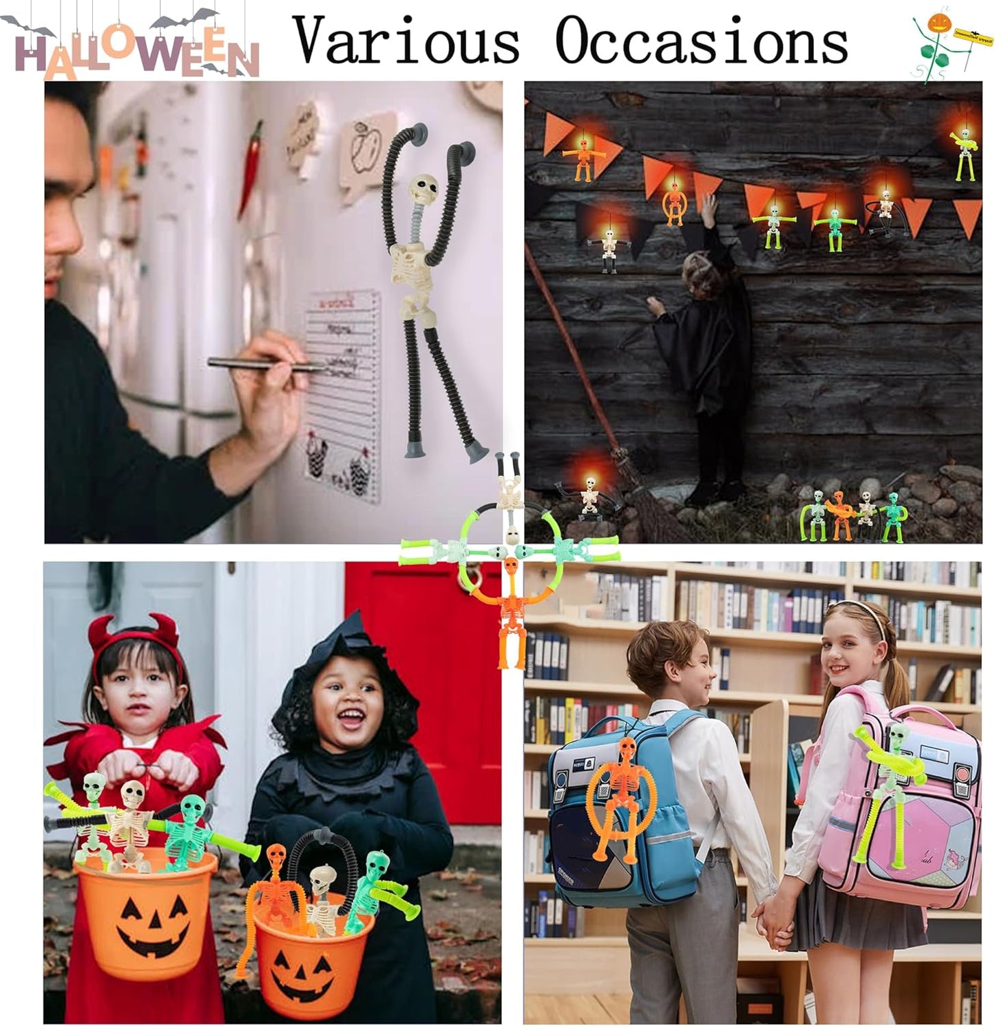 8PCS Telescopic Suction Cup Skeleton Toys, Shape Changing Telescopic Pop Tube Halloween Skeleton Fidget Toys, Skeleton Action Figure for Halloween Party Favors Kids Toddler Gift
