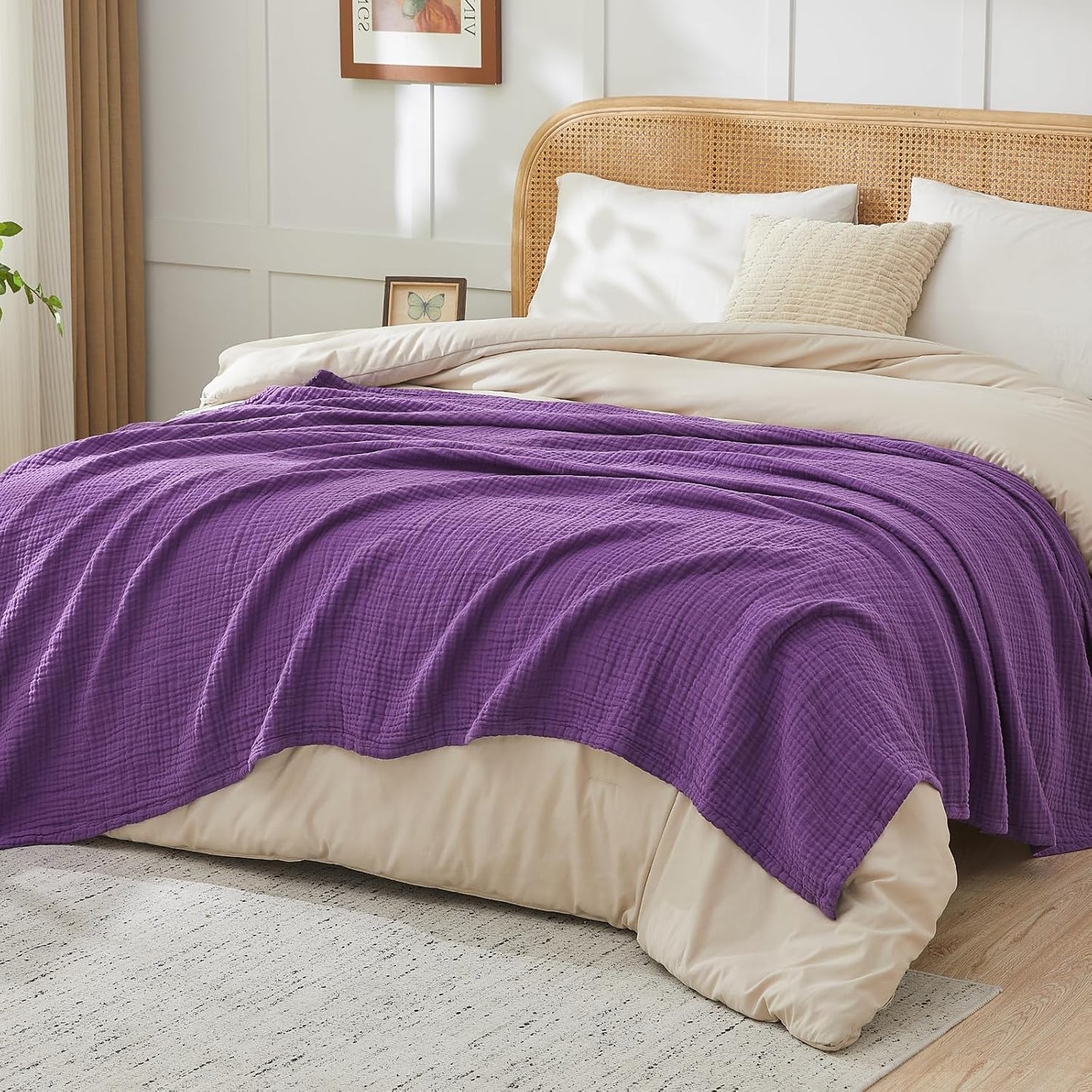 EMME Cotton Muslin King Blanket Bed Layering Breathable Gauze Blanket Soft Lightweight Blankets Adults (Purple, 108"x90")