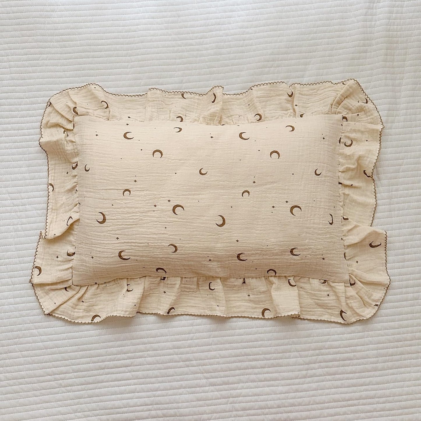 BuLuTu Muslin Toddler Pillowcases Girls Boys,Soft Breathable Cotton Kids Pillow Cover, Moon Star Pattern Shabby Chic Nursery Pillow Cases Enveloped Closure, 14"x20", 1 Piece