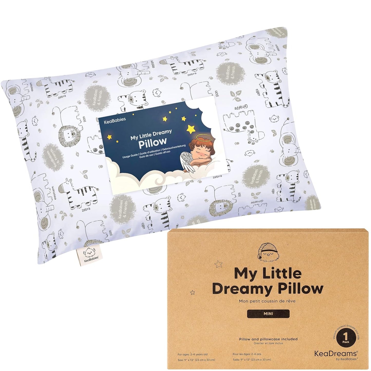 Mini Toddler Pillow with Pillowcase - 9x13 My Little Dreamy Travel Kids Pillow for Sleeping, Toddler Bed, Small, Tiny, Organic Cotton Pillowcase, Soft & Breathable, Kids 2-4 Years Old (KeaSafari)