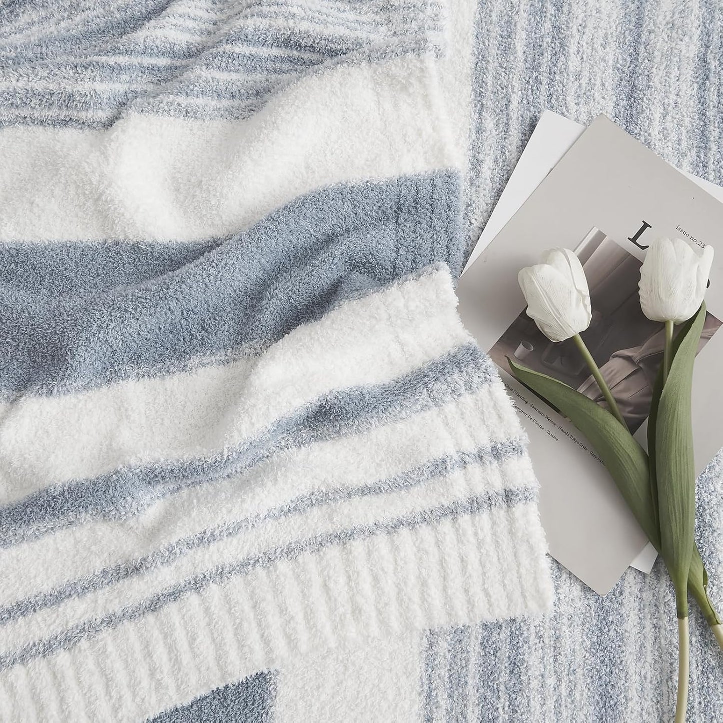 WRENGONGE Grey Blue Throw Blanket, 60x80 Soft Cozy Striped Throw Blankets for Couch, Sofa, Bed, Travel, Lightweight Fluffy Warm Plush Decorative Blankets for Women, Men,Kids Gift