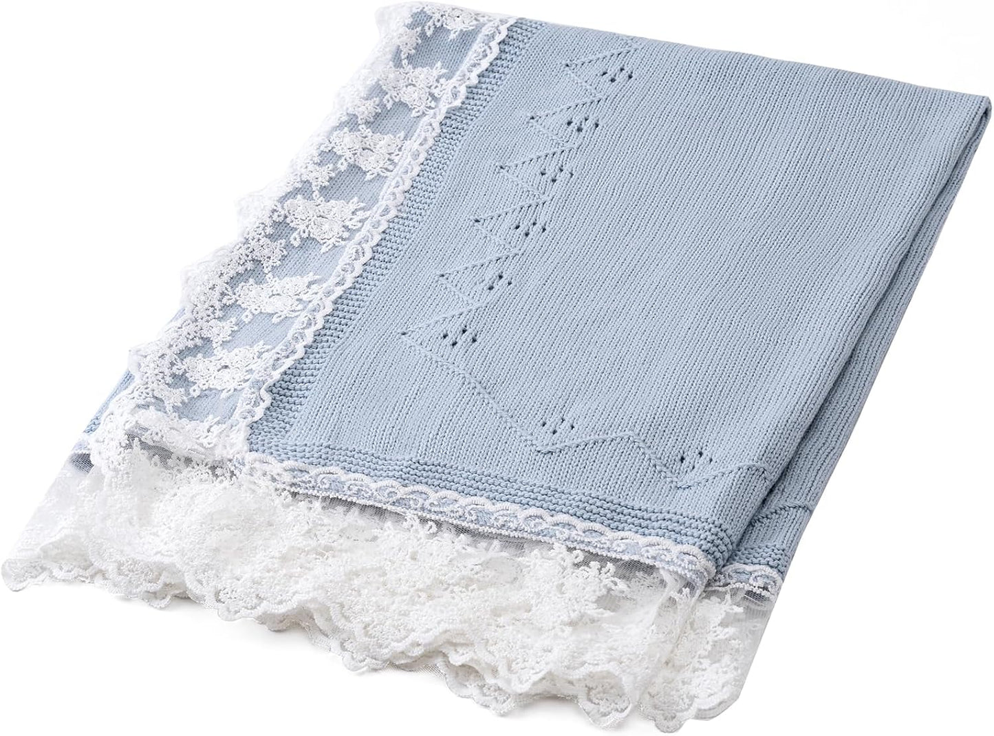Booulfi Baby Blankets Neutral Knitted Blue Cotton Blue Baby Blanket Stroller Lace Border Crochet Winter Crib Baby Blanket New Baby Essentials