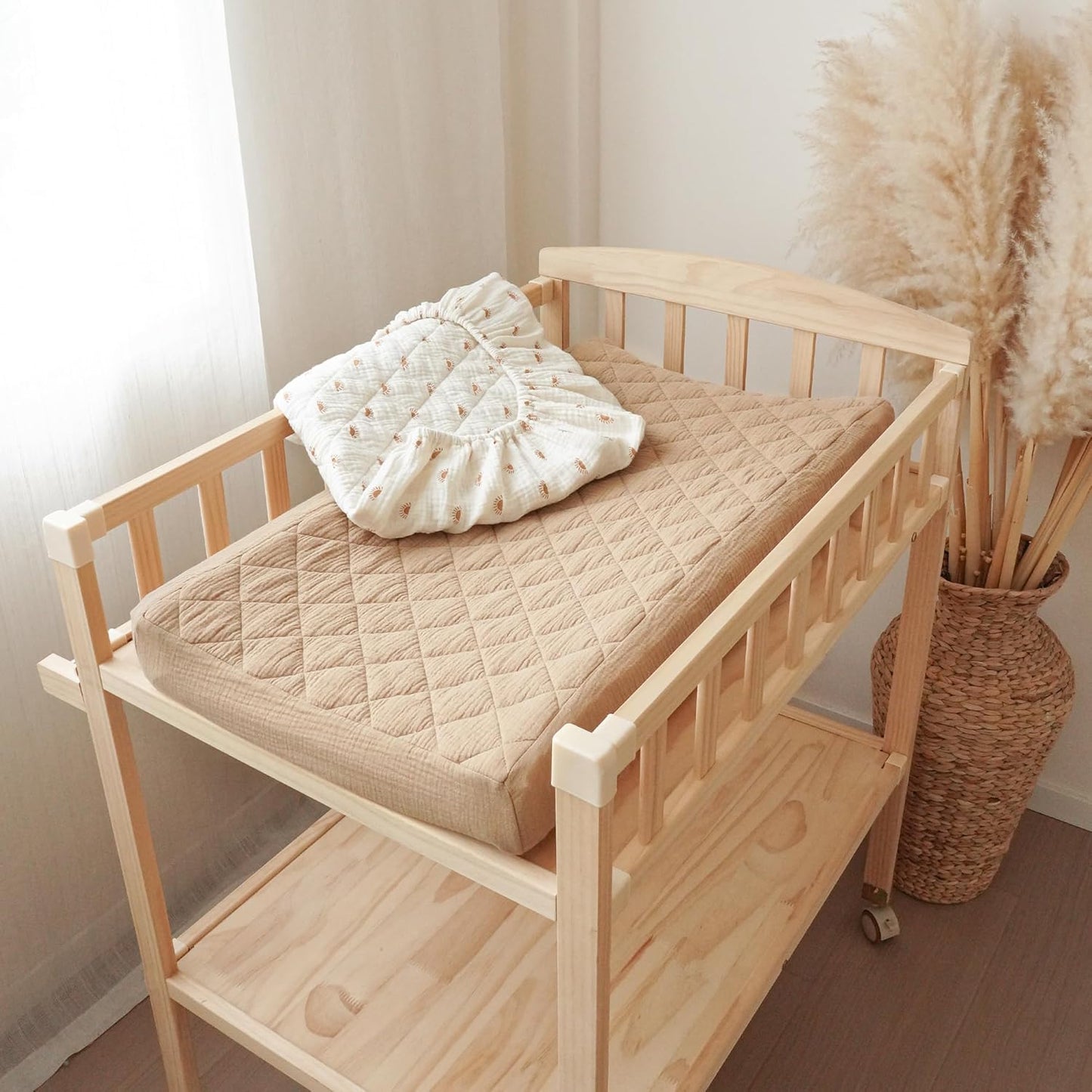 Konssy Waterproof Muslin Changing Pad Cover 2 Pack, Quilted Cotton Fitted Diaper Chang Table Cover, Soft Changing Pad Sheets for Girls Boys (Camel,Sun)