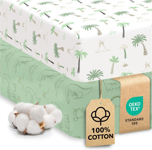 Sweety Fox 2-Pack Crib Sheets - Soft Jersey Cotton Fitted Sheets for Boys and Girls, Mini Crib Sheets, Toddler Bed Sheets (Dinosaur)