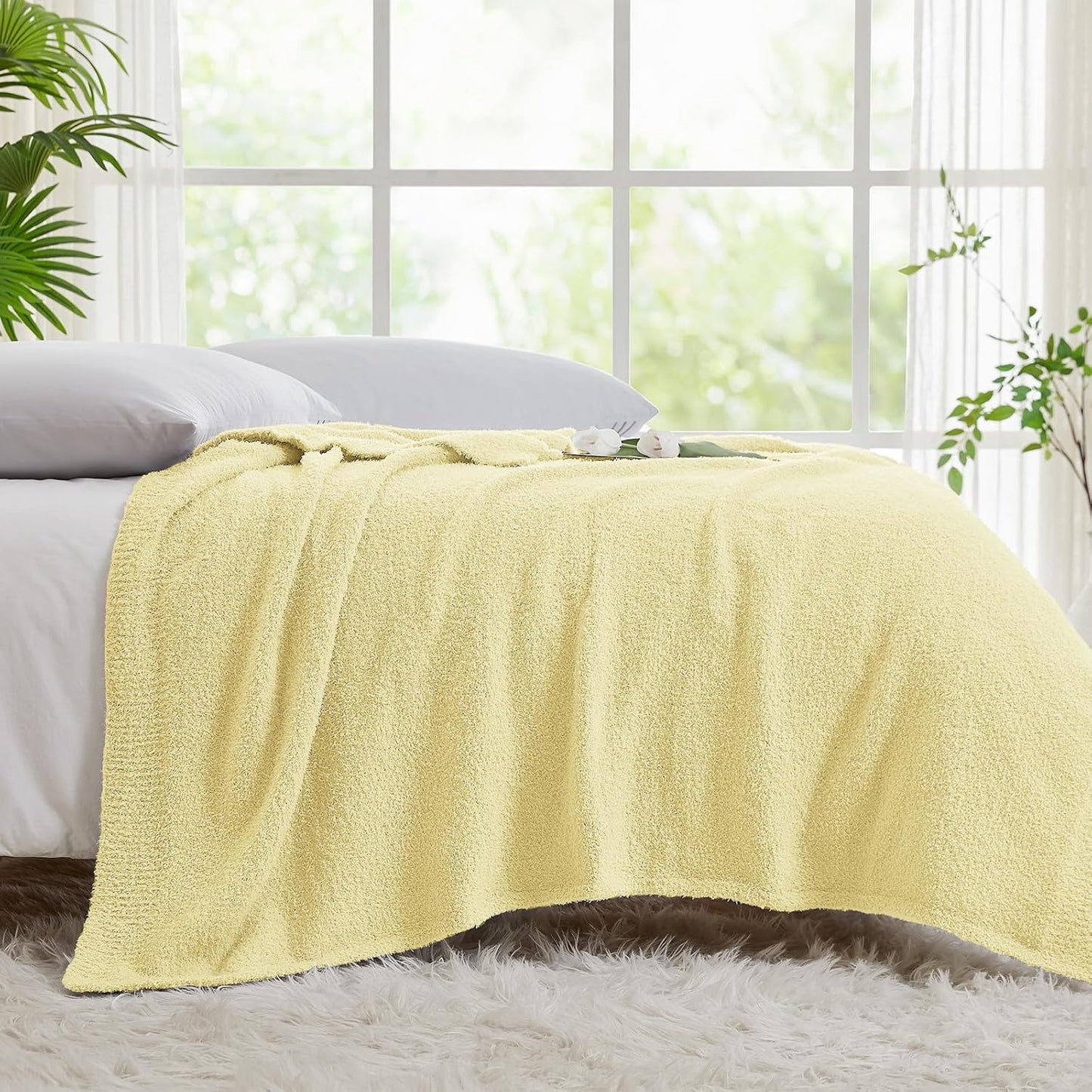 CYMULA Knit Throw Blanket for Couch Yellow - Super Soft Lightweight Plush Fuzzy Fluffy Cozy Blankets and Throws for Sofa Bed, 60 x 80 inches
