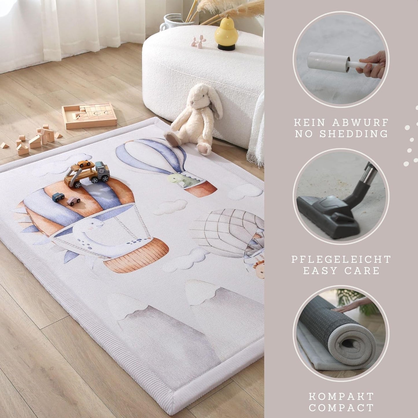 Stylish Coral Baby Play Mat for Floor 47" x 67" Dinosaur Balloons – Soft 1" Thick High-Density Memory Foam Nursery Rug,Kids Rug with Non-Slip Backing for Crawling & Playing, Playroom Rug, Kids Carpet